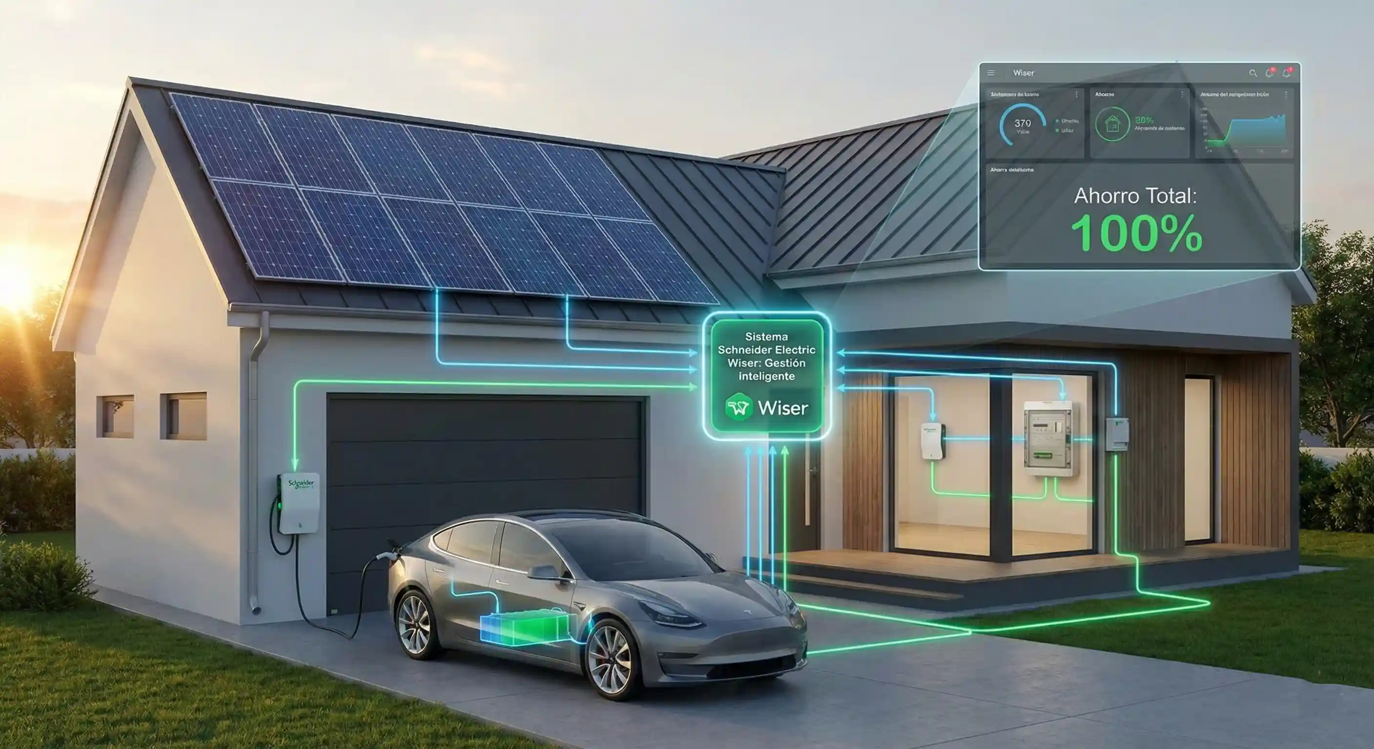Vivienda unifamiliar eficiente con placas solares y coche eléctrico gestionados mediante el sistema Schneider Electric Wiser para un ahorro energético total.
