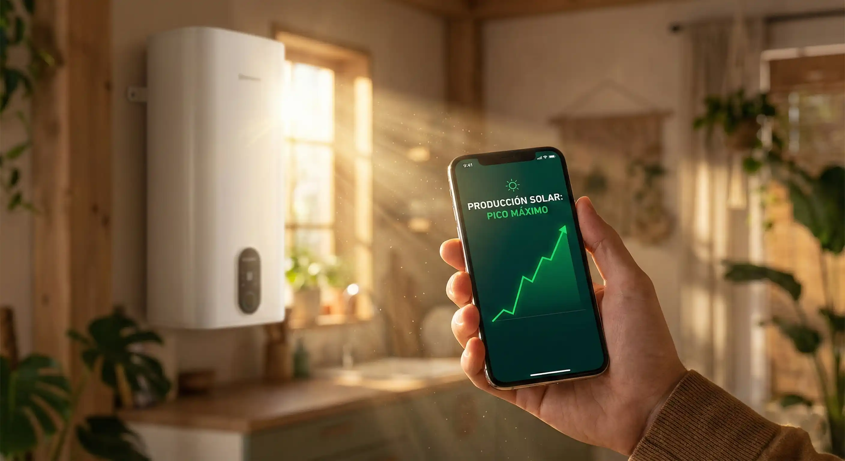 Mano sosteniendo un smartphone con la app del mejor relé inteligente para placas solares mostrando producción solar alta y un termo eléctrico al fondo.