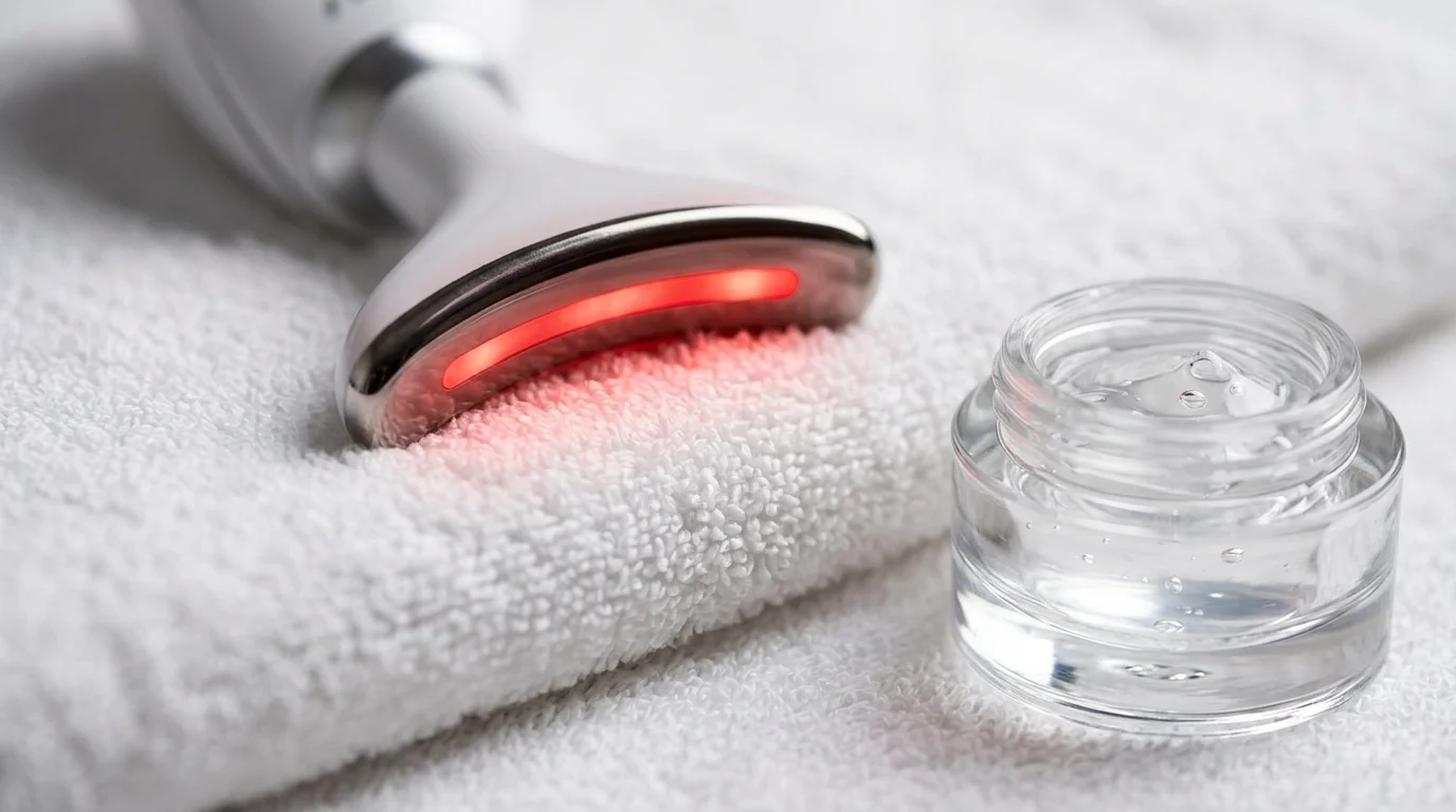 Macrofotografía del cabezal de un dispositivo de radiofrecuencia emitiendo una luz LED roja tenue. El dispositivo está apoyado sobre una toalla blanca de algodón premium. Al lado, se ve un gel conductor transparente en un recipiente de vidrio. Estilo de spa de lujo, enfoque selectivo, ambiente limpio y profesional.
