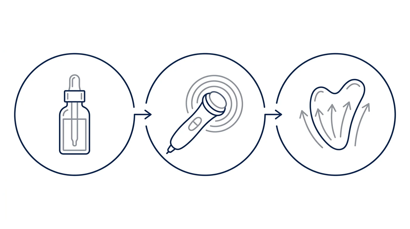 Diagrama técnico de infografía con 3 pasos circulares sobre fondo blanco. Paso 1: Icono lineal de un frasco de sérum (preparación). Paso 2: Icono lineal de un dispositivo con ondas de radiofrecuencia (activación). Paso 3: Icono lineal de una piedra Gua Sha con flechas ascendentes (esculpido). Paleta de colores azul marino y gris suave, estilo minimalista, sin texto escrito.