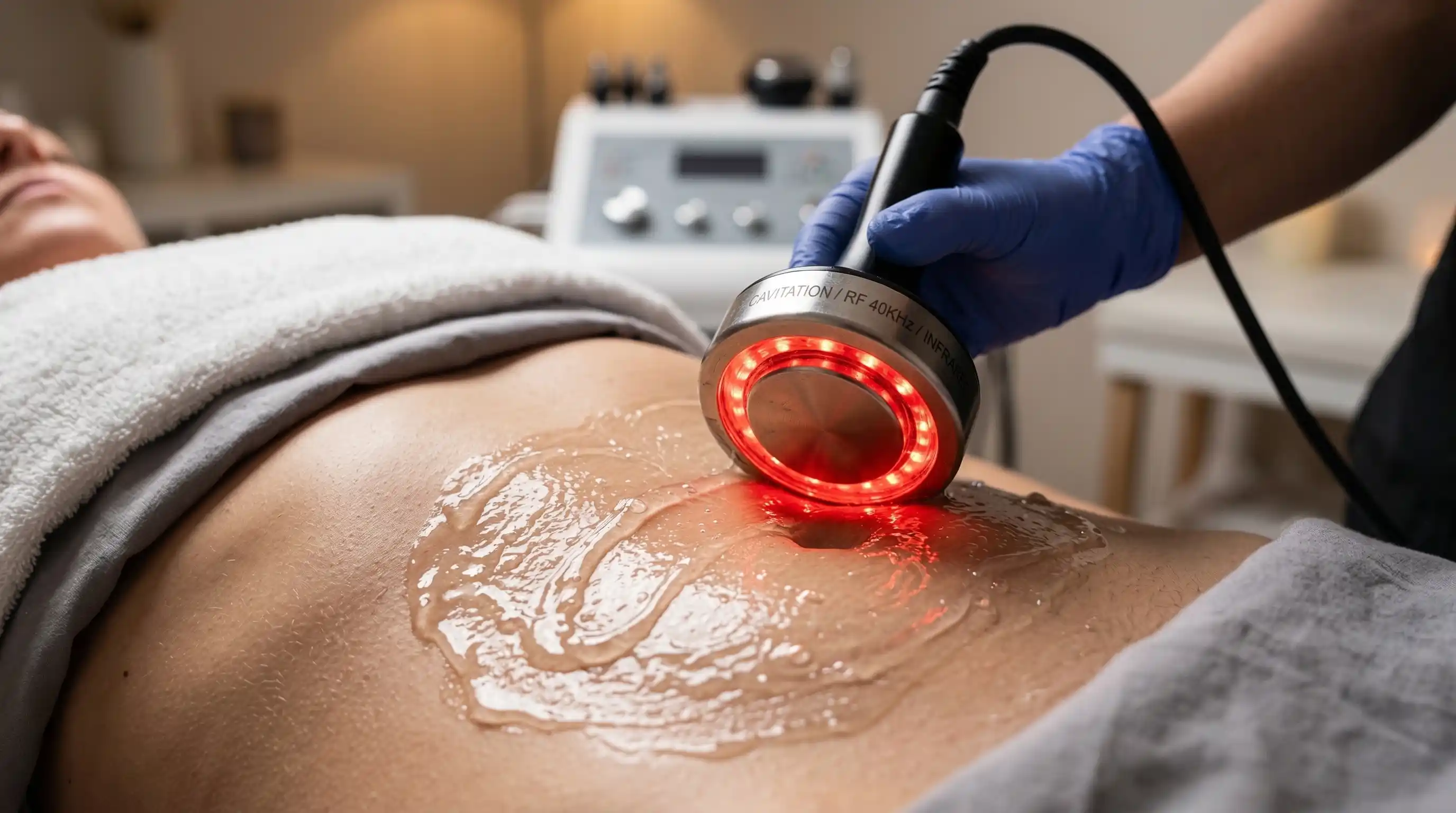 Aplicación de gel conductor y cavitador en abdomen