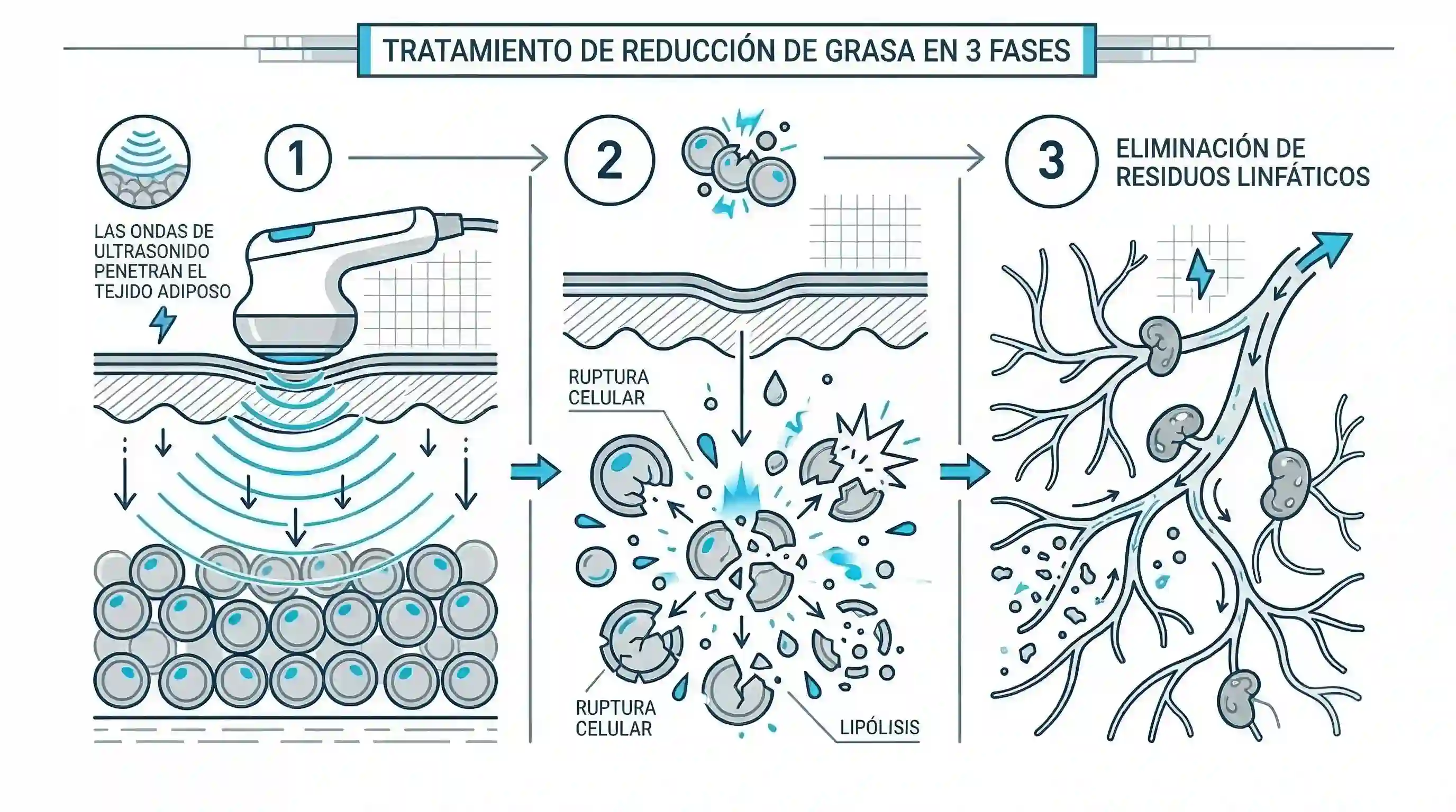Infografía técnica del proceso de cavitación ultrasónica