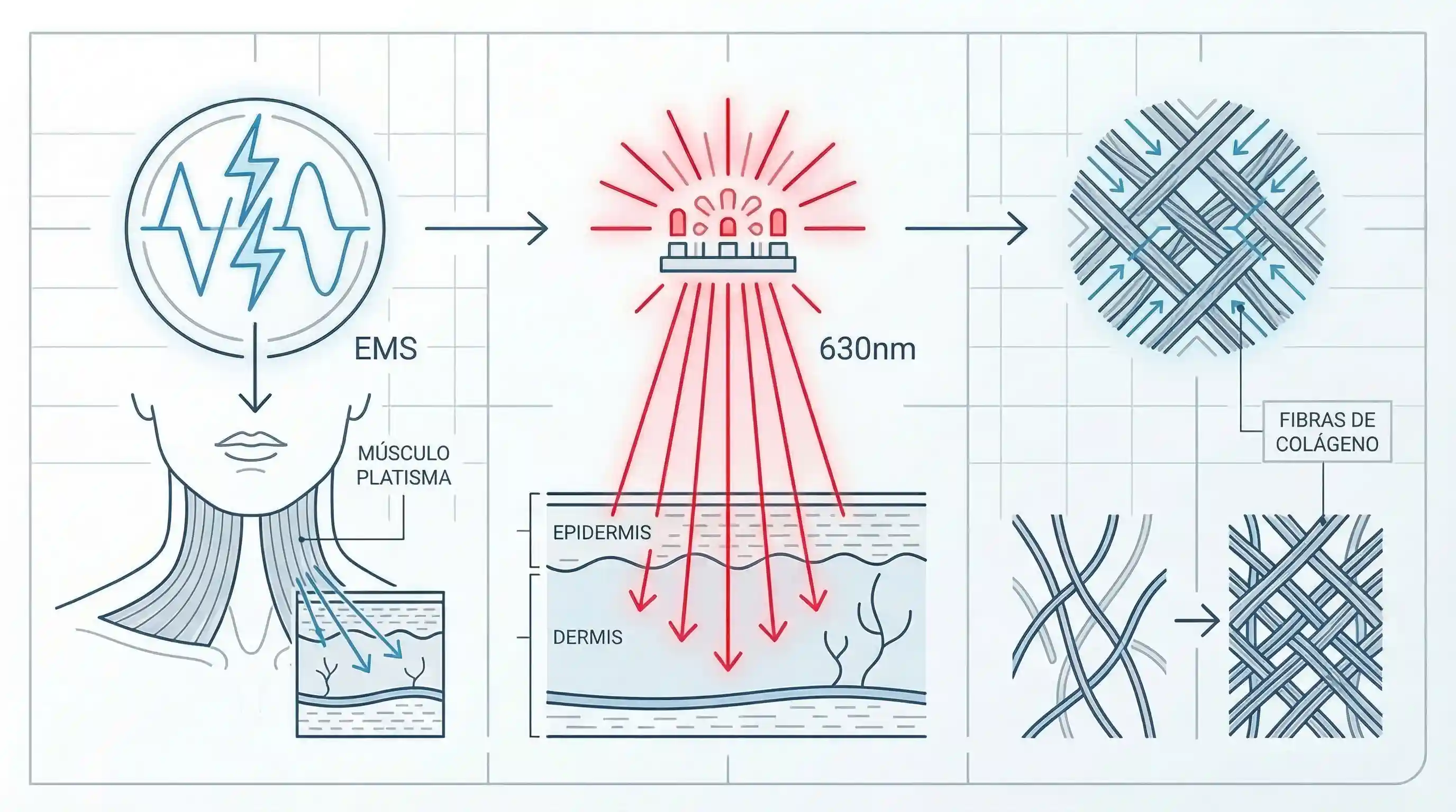 Infografía tecnología EMS y fototerapia para reducción de papada