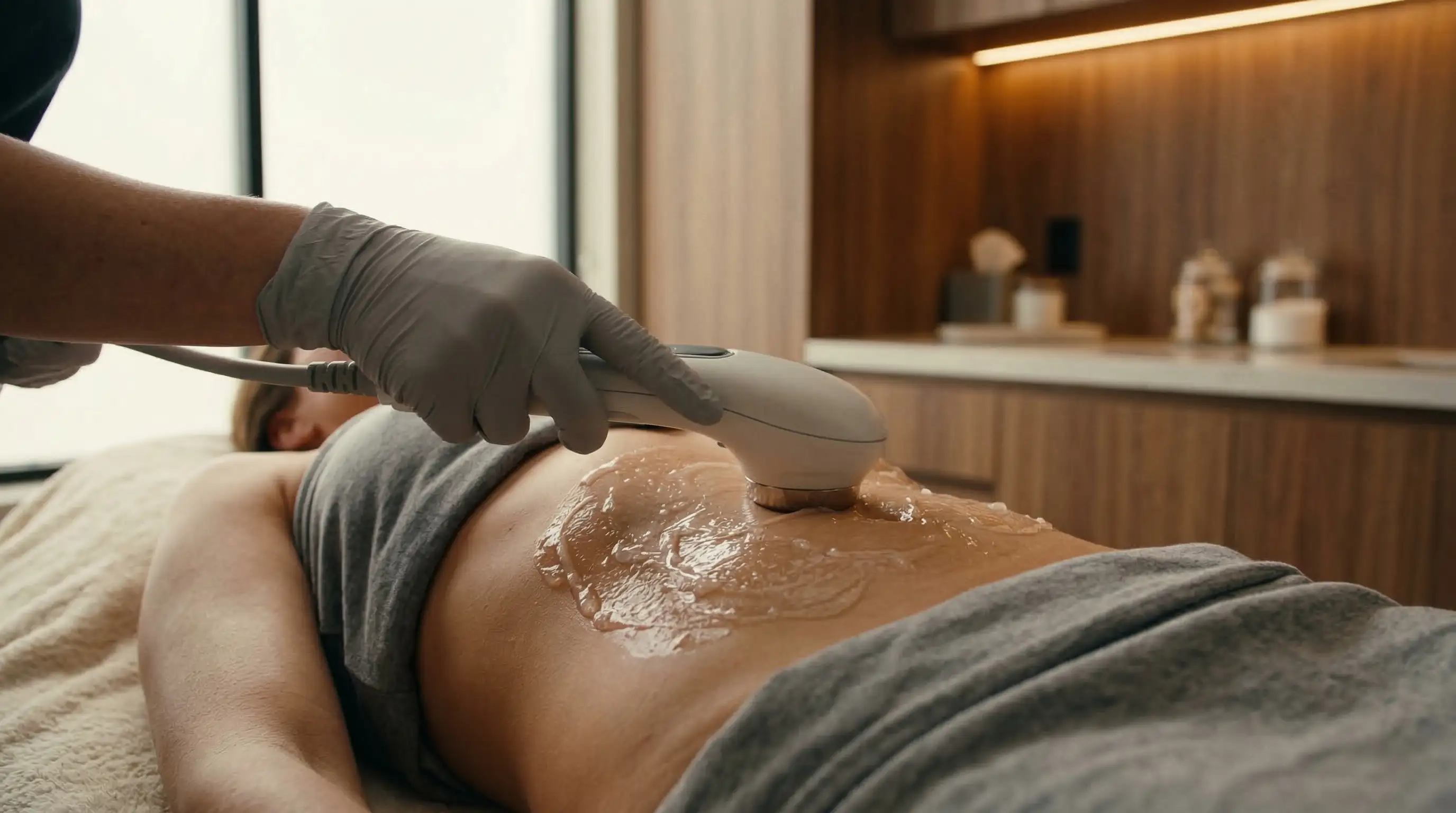 Mujer aplicándose radiofrecuencia en el abdomen con gel transparente