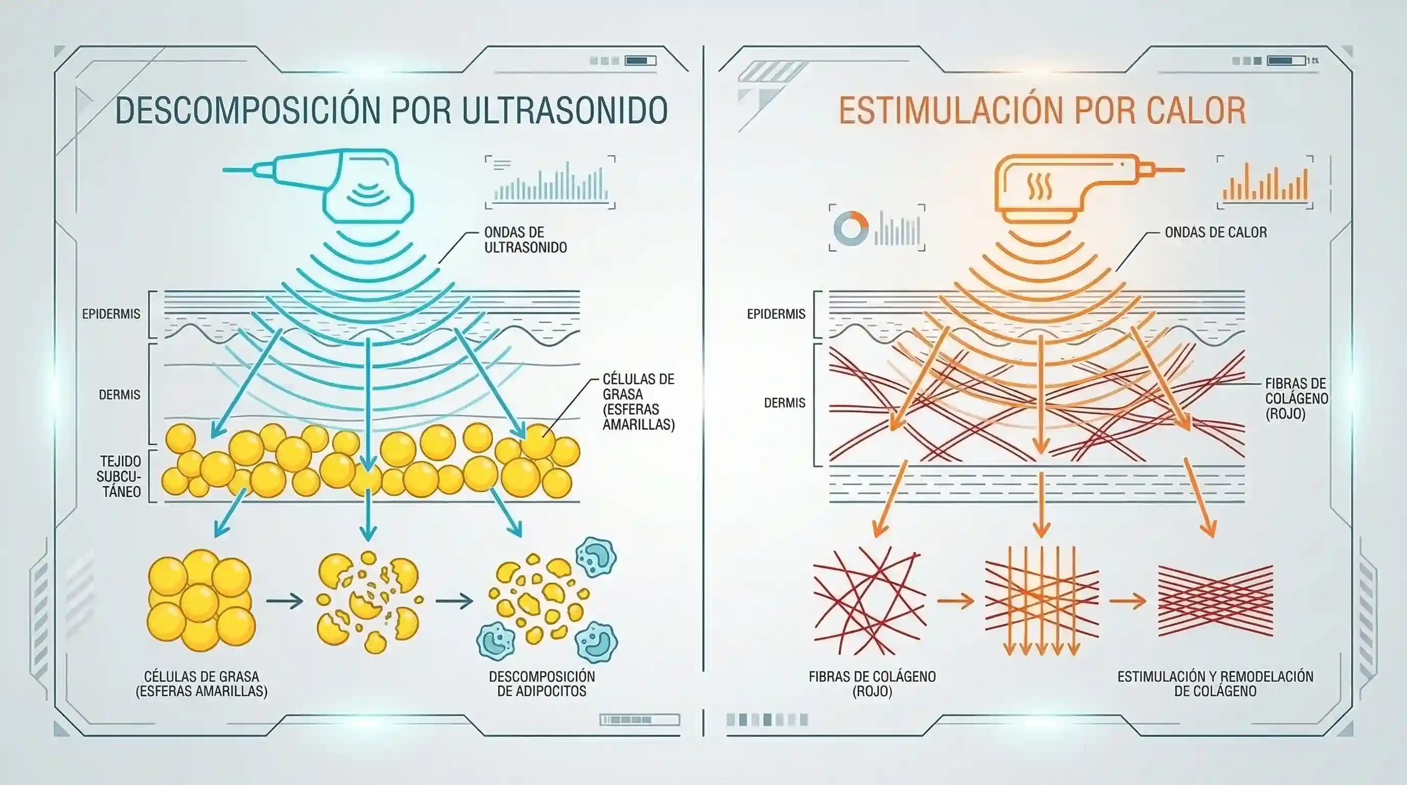 Esquema de funcionamiento de cavitación y radiofrecuencia
