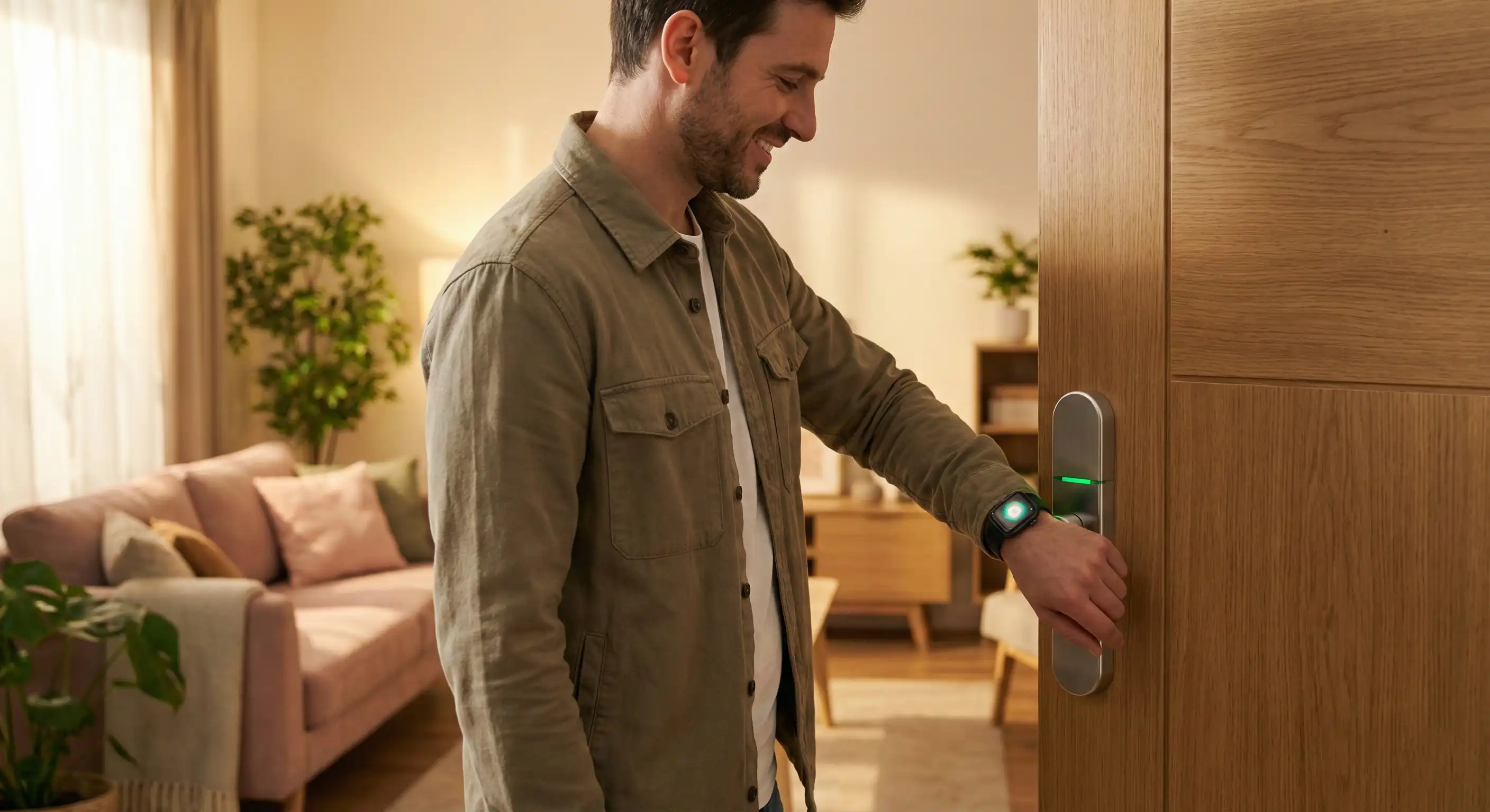 Huésped joven y sonriente abriendo la puerta de un apartamento de diseño con su smartwatch, destacando la facilidad de uso y la estética de ladrillo visto con luz cálida