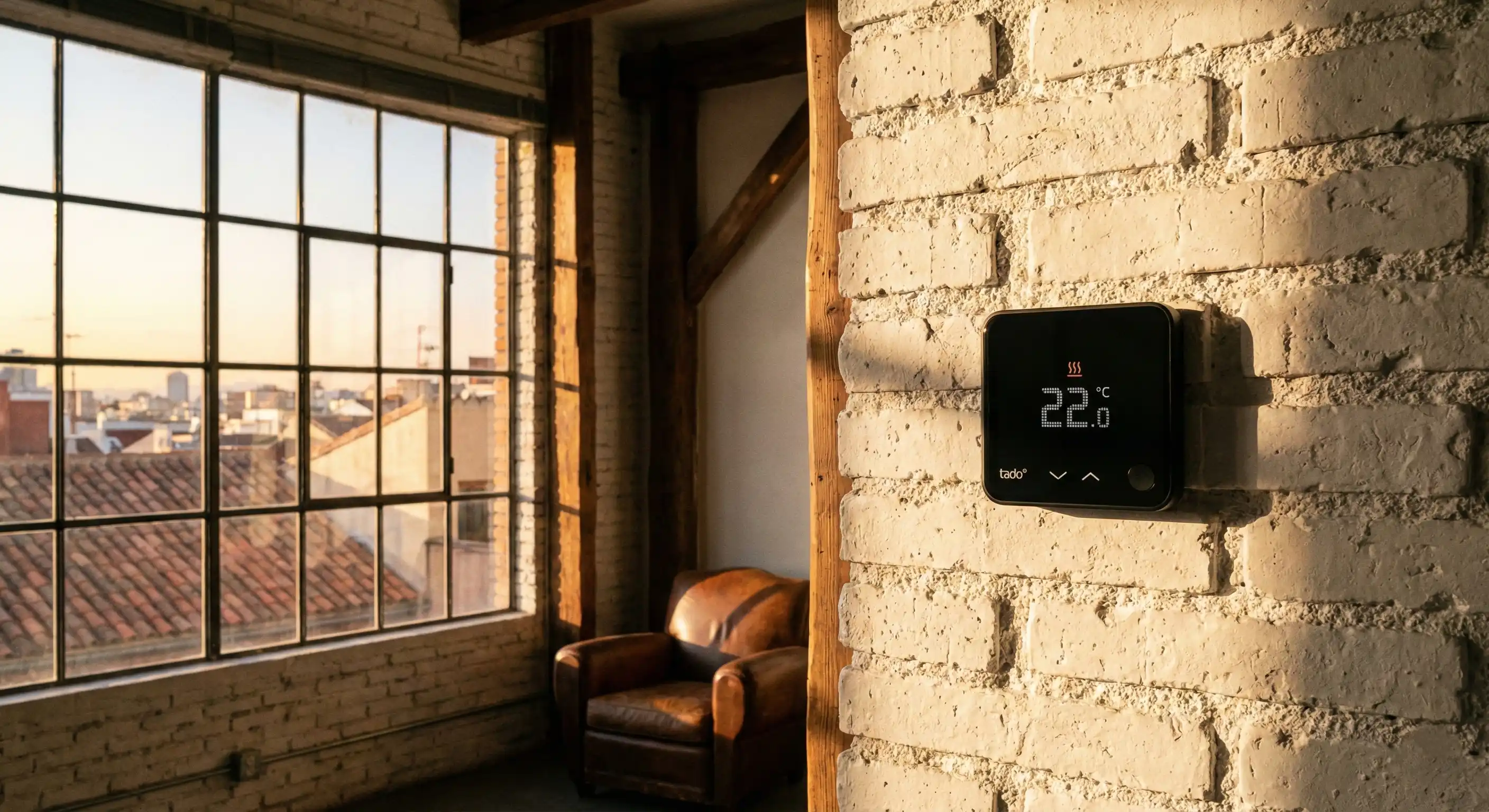 Termostato inteligente Tado Smart Thermostat instalado en una pared de ladrillo visto de un apartamento turístico moderno, mostrando una temperatura eficiente de 22ºC bajo luz cálida de atardecer.