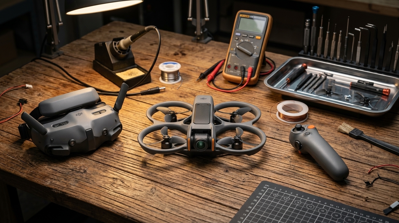 Mantenimiento DJI Avata 2 Argentina | PROMPT: Un DJI Avata 2 apoyado sobre una mesa de trabajo de madera rústica, junto a unas gafas Goggles N3 y un control remoto. Al fondo, se ven herramientas de precisión, soldador de estaño y un tester digital. Fotografía de producto profesional, iluminación de taller real con tonos cálidos.