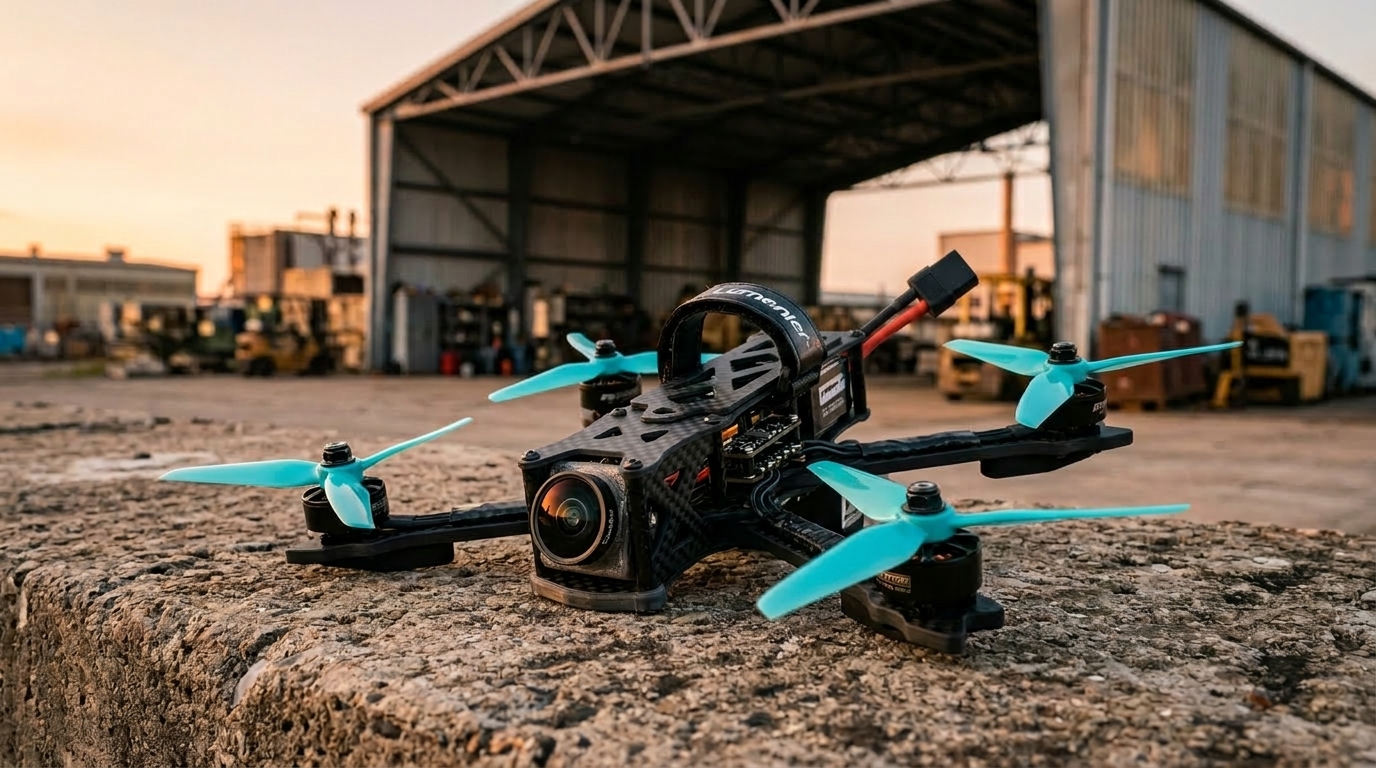 Drones FPV Argentina Equipamiento Profesional | PROMPT: Primer plano detallado de un drone FPV de 5 pulgadas con chasis de fibra de carbono, hélices de color cian y cámara digital de alta definición. El equipo está posado sobre una superficie de cemento rugoso en un entorno urbano industrial con un hangar de fondo. Iluminación natural de atardecer, profundidad de campo cinematográfica, enfoque nítido en el lente de la cámara y las texturas del carbono. Sin personas, estilo profesional.