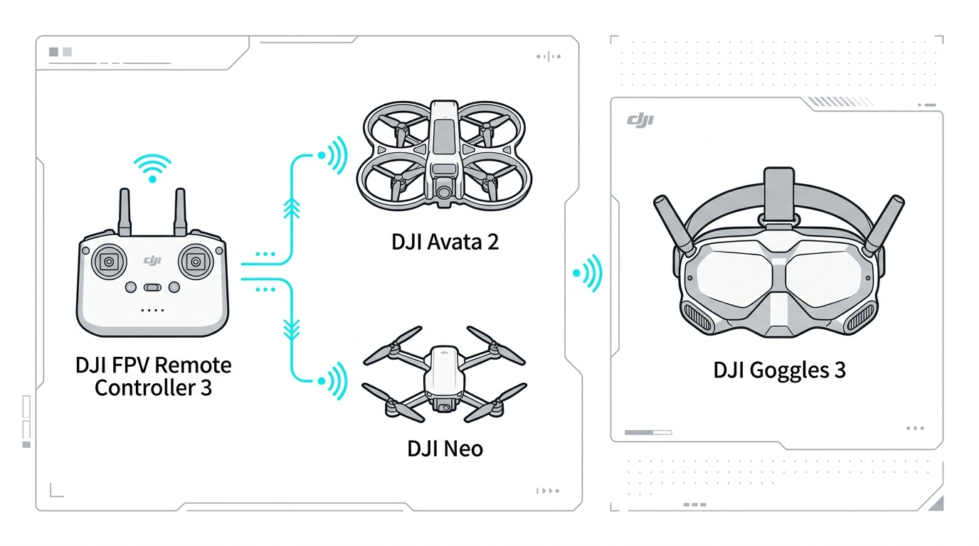 Diagrama de compatibilidad DJI O4 | PROMPT: Infografía técnica con fondo blanco y líneas grises. A la izquierda un icono del DJI FPV Remote Controller 3 conectado mediante líneas de señal cian a un DJI Avata 2 y a un DJI Neo. A la derecha, un icono de DJI Goggles 3. Estilo minimalista, sin texto inventado, iconos vectoriales limpios.