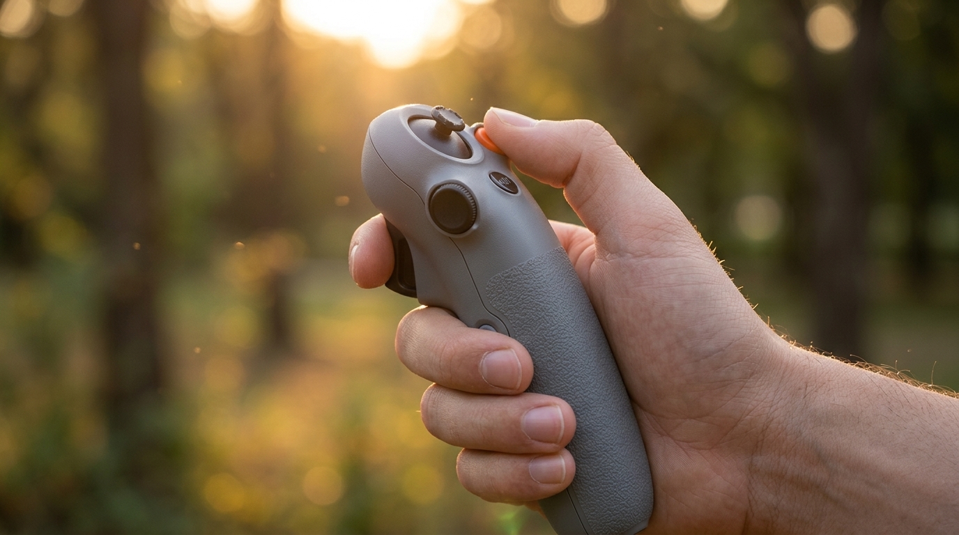 Piloto usando Motion Controller 3 en exteriores | PROMPT: Detalle de una mano sosteniendo el DJI Motion Controller 3 (joystick de una mano) con el pulgar sobre el acelerador naranja. El fondo es un parque natural con luz de atardecer, profundidad de campo desenfocada. Se percibe la textura antideslizante del control.