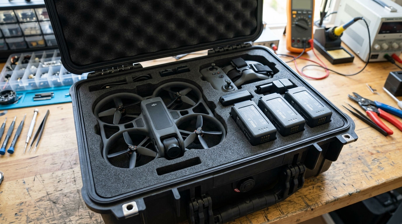 Protección de drones FPV | PROMPT: Primer plano de una funda rígida de transporte abierta, mostrando el interior de espuma densa con los compartimentos exactos para el DJI Avata 2 y sus baterías. De fondo se ve una mesa de taller con herramientas de precisión. Estilo profesional, iluminación clara, enfoque en la textura de la espuma y el ajuste perfecto del equipo.