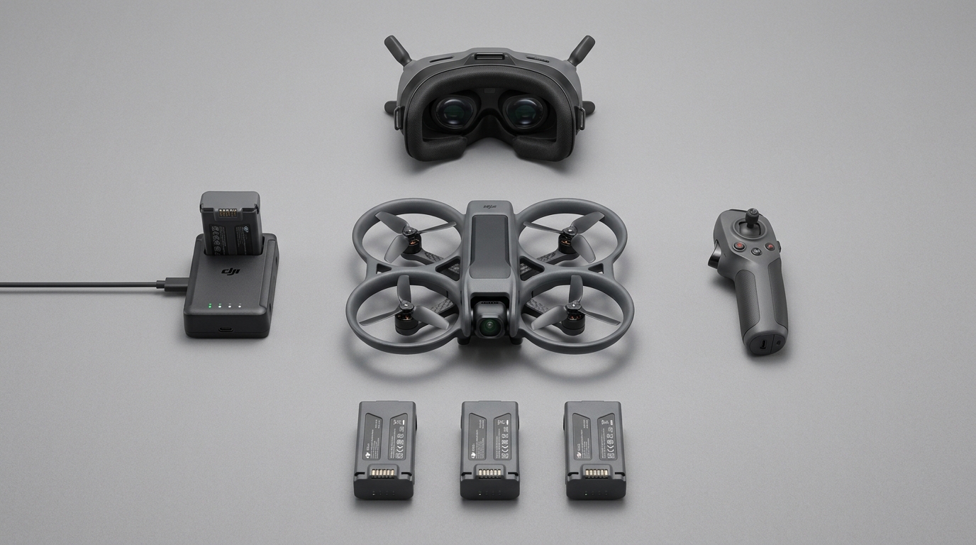 Esquema de componentes Fly More Combo | PROMPT: Diagrama técnico de alta calidad sobre fondo gris neutro que muestra el DJI Avata 2 en el centro, rodeado simétricamente por 3 baterías inteligentes, el centro de carga bidireccional, las gafas DJI Goggles 3 y el mando RC Motion 3. Estilo minimalista de catálogo oficial, iluminación suave de estudio, sin texto, enfoque nítido en cada componente.