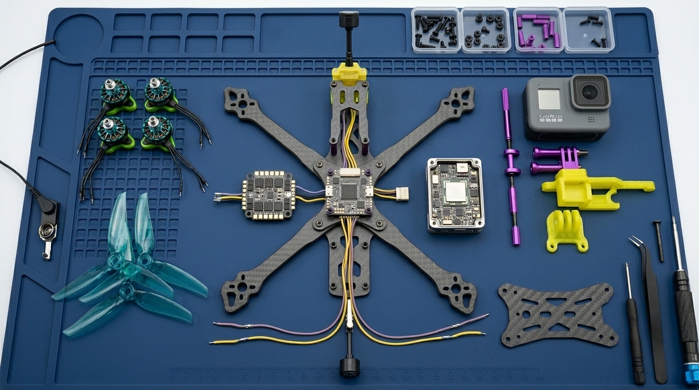 Componentes de un dron FPV armado en Argentina | PROMPT: Despiece técnico de un dron FPV de 5 pulgadas sobre una manta antiestática. Se ven los motores brushless, la controladora de vuelo con sus chips expuestos, la unidad de aire digital y las hélices de policarbonato. Estilo de fotografía de producto limpia, luz cenital, alta resolución, mostrando la textura de la fibra de carbono mate.