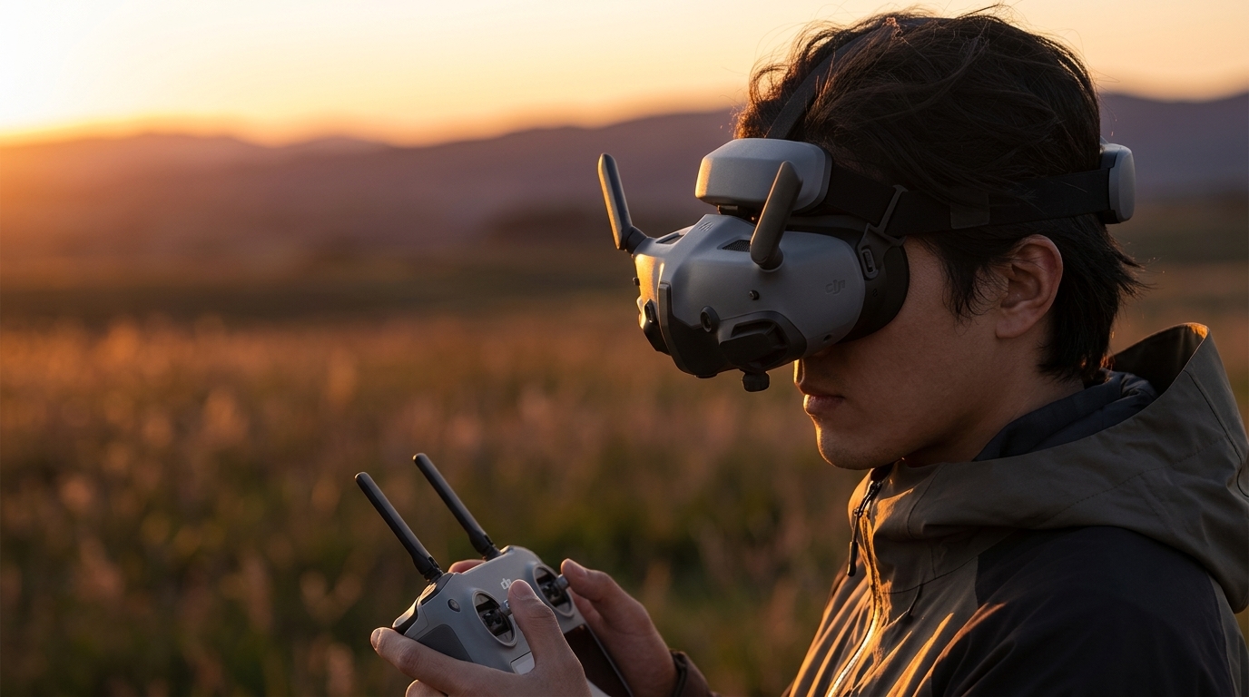 Piloto usando gafas FPV en exteriores | PROMPT: Primer plano lateral de una persona (solo se ve de hombros para arriba) usando unas gafas DJI Goggles 3 en un entorno de campo abierto durante el atardecer. El piloto sostiene el Remote Controller 3. La luz del sol poniente crea un contorno nítido en el equipo. Estilo profesional, desenfoque de fondo natural (bokeh).