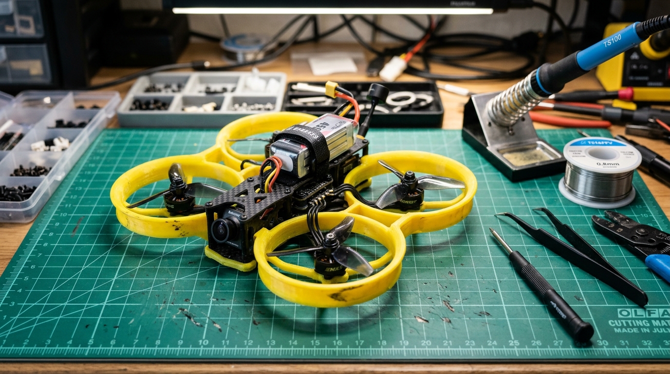 Dron FPV tipo Cinewhoop en taller | PROMPT: Primer plano de un dron tipo cinewhoop con protecciones de hélices amarillas sobre una alfombra de corte verde. Se ven herramientas de precisión y un soldador de estaño al costado. Luz de taller focalizada, ambiente de personalización técnica, alta resolución.