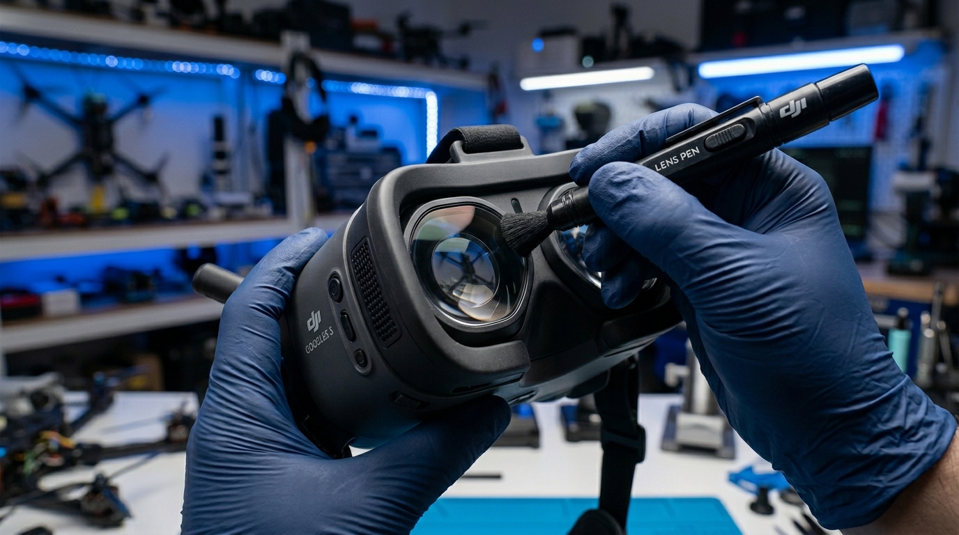 Limpieza de lentes y sensores FPV | PROMPT: Primer plano de una mano enguantada usando un lápiz de limpieza especial sobre la lente de unas DJI Goggles 3. Se aprecia el reflejo de las pantallas internas Micro-OLED. Fondo desenfocado de un taller con luces LED azules. Nitidez extrema en la lente.