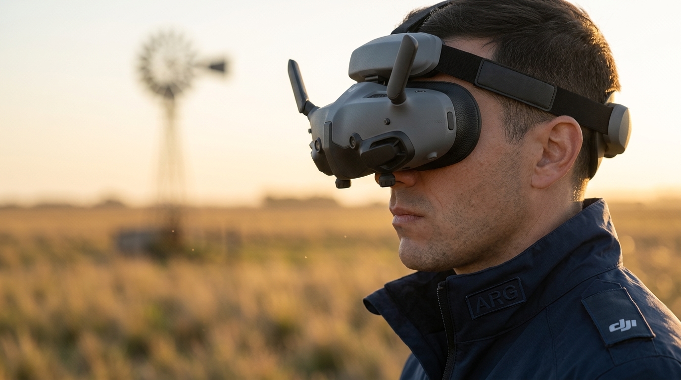 Piloto usando gafas FPV en entorno natural | PROMPT: Un piloto de drones sentado en una silla de camping en el campo argentino (pampa), usando unas gafas DJI Goggles 3 y sosteniendo un control remoto. Al lado se ve un DJI Avata 2 sobre una plataforma de despegue. Luz de atardecer, estilo cinematográfico, enfoque nítido en el equipo.