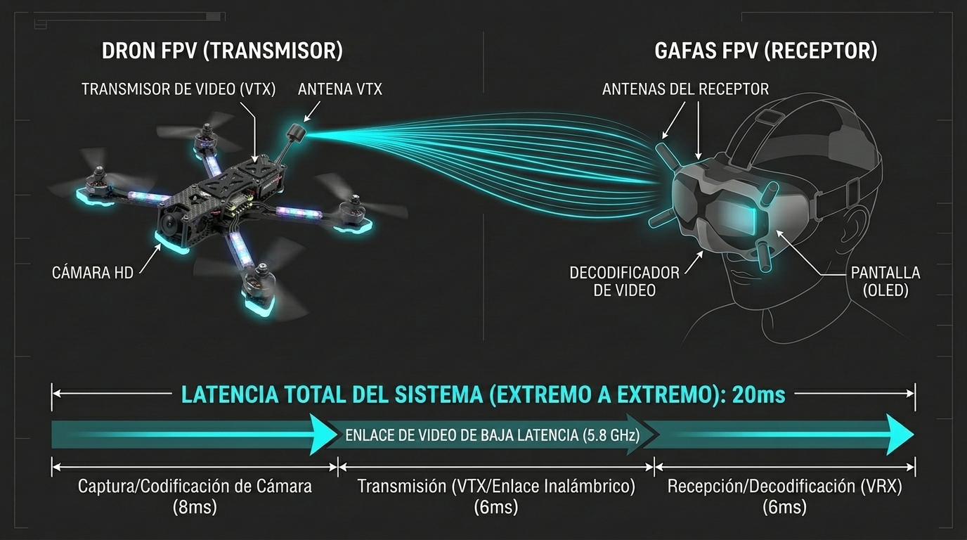 Diagrama de conexión de señal FPV | PROMPT: Diagrama técnico que muestra la conexión inalámbrica de baja latencia entre un drone FPV y unas gafas. Se ven ondas de radio representadas con líneas cian y los milisegundos de respuesta (20ms). Fondo gris oscuro, estilo profesional y minimalista.