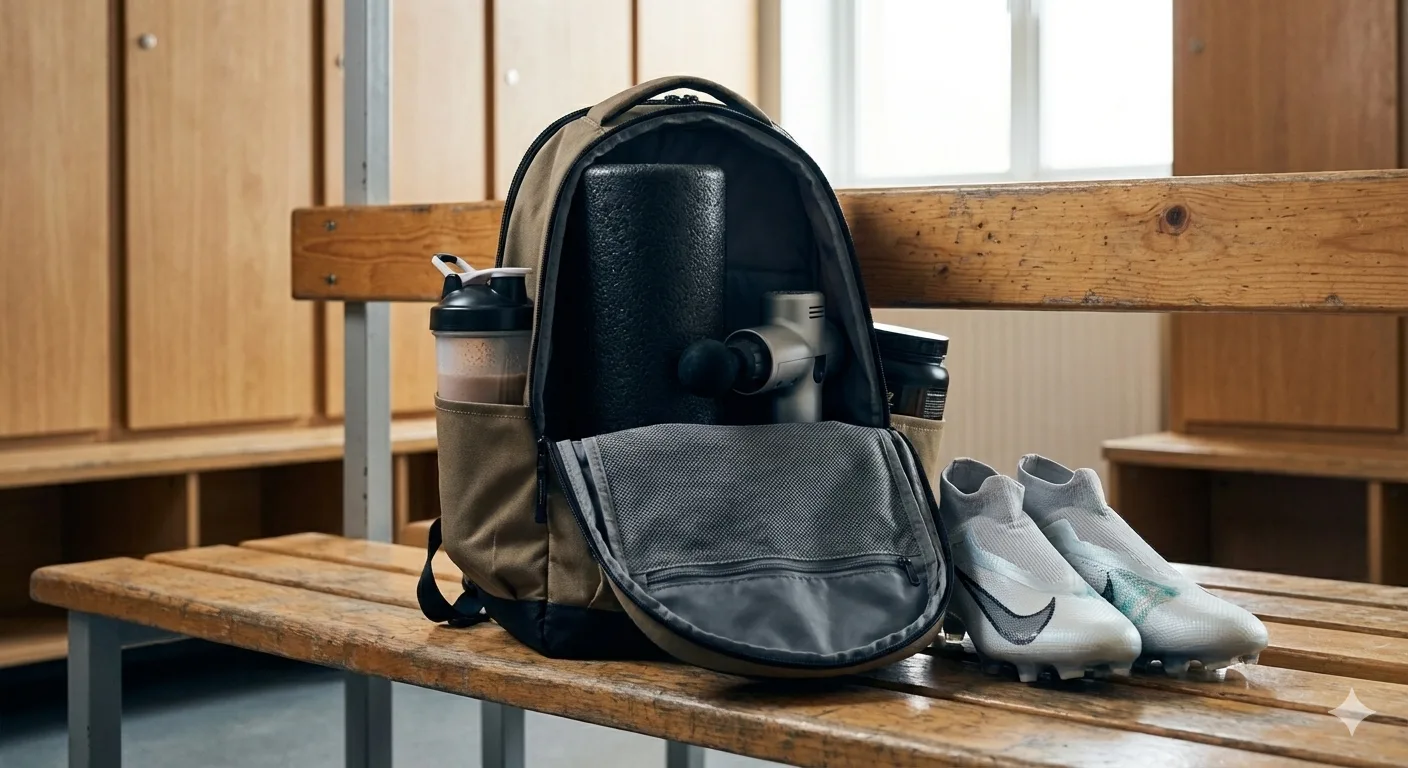 Kit de recuperación post-partido organizado en una mochila de fútbol: incluye foam roller, pistola de masaje compacta y suplementación deportiva profesional.