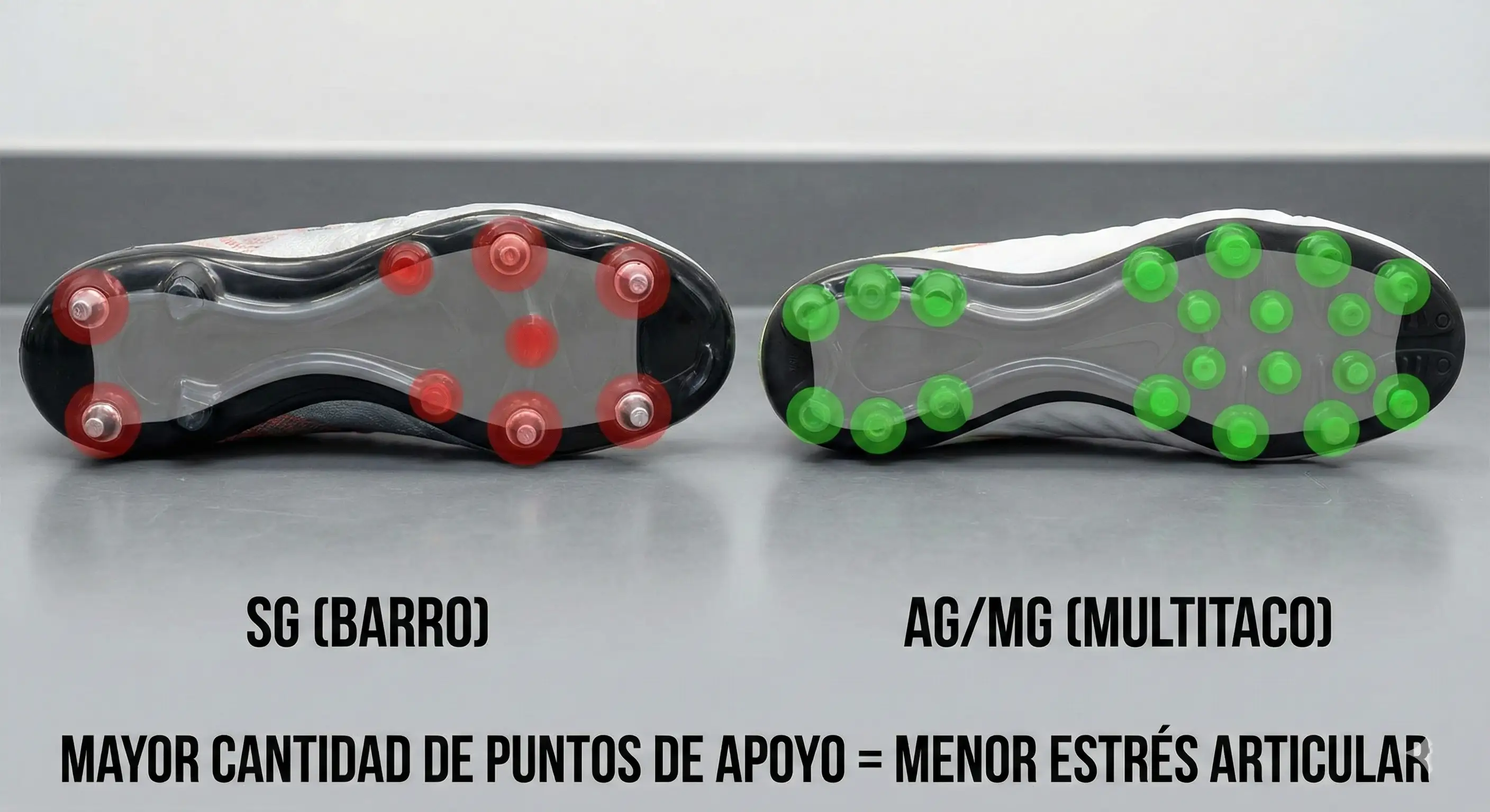 Comparativa de suelas para fútbol: Tacos SG para terreno blando frente a suela AG/MG diseñada para césped artificial, optimizando la tracción y minimizando el estrés articular.