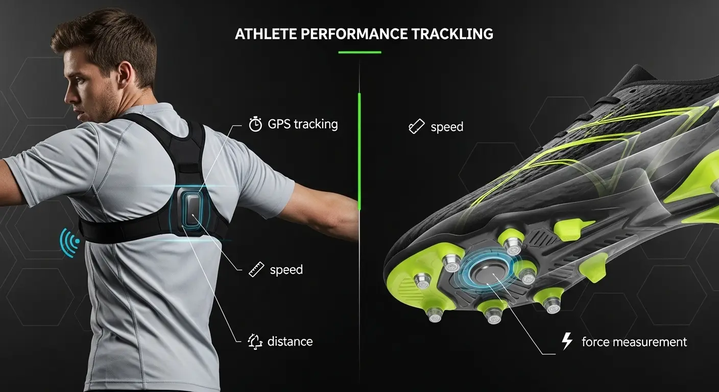 Infografía técnica comparativa de sistemas GPS para fútbol: análisis de sensor EPTS en chaleco vs sensor IMU en bota con estética deportiva profesional de alto rendimiento.