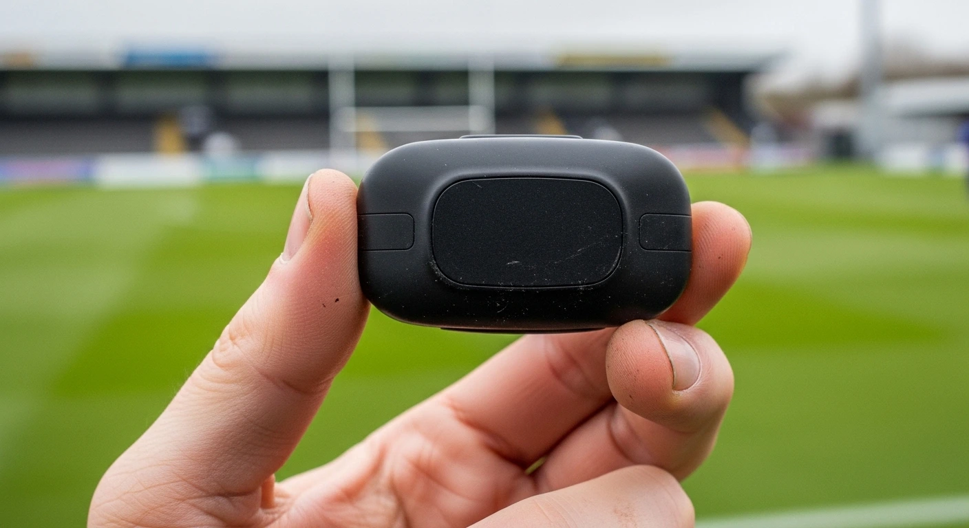 Detalle macro de un sensor GPS de fútbol (pod) profesional con acabado mate y textura técnica antideslizante para monitorización de rendimiento físico.