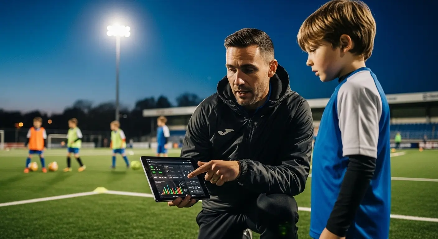 Análisis de Big Data en fútbol base: entrenador y jugador revisando métricas de rendimiento en tablet durante un entrenamiento nocturno bajo los focos de un estadio profesional.