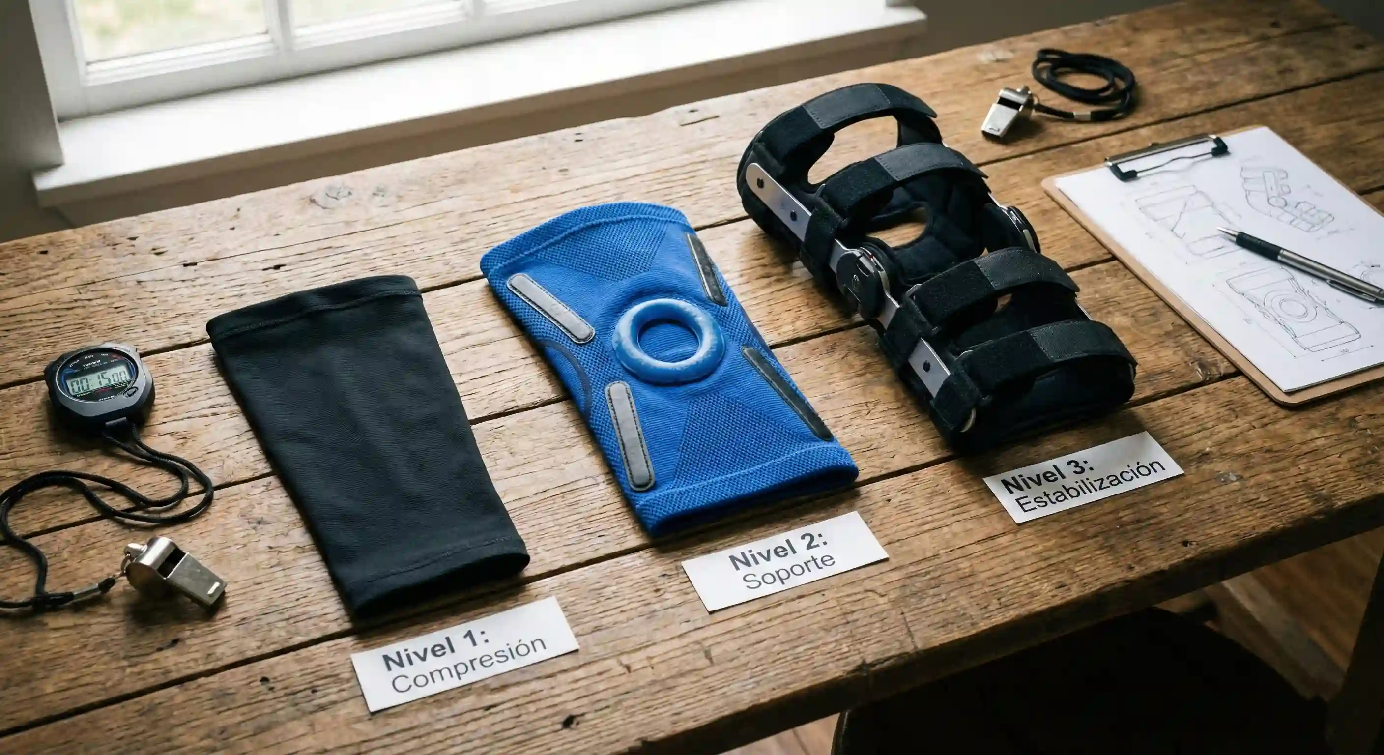 Diferentes modelos de rodilleras técnicas para fútbol profesional en un vestuario