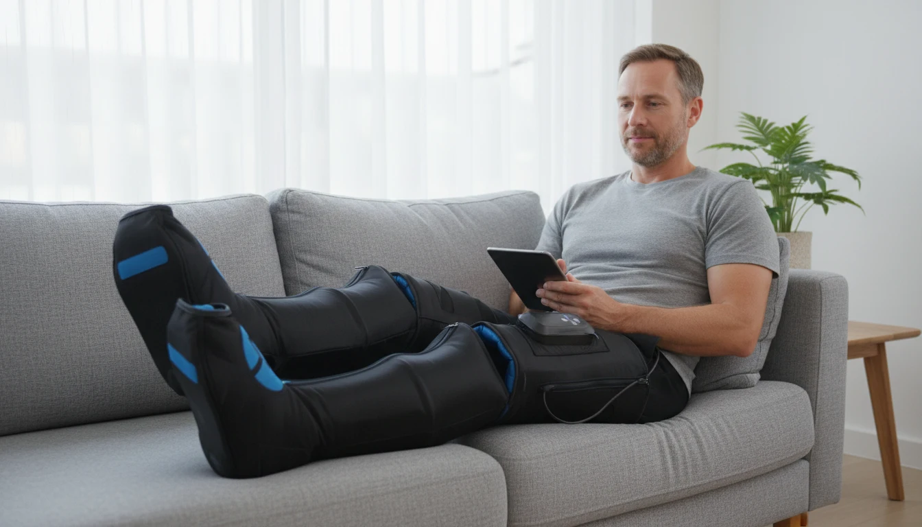 Deportista profesional realizando una sesión de recuperación con botas de presoterapia inalámbricas Compex Ayre en un entorno doméstico relajado