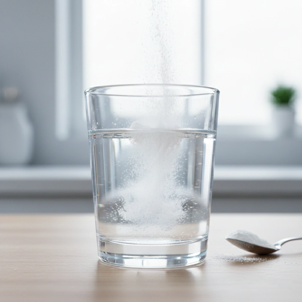 Primer plano macro de la disolución de colágeno hidrolizado en un vaso de agua, mostrando la pureza de la mezcla y su rápida absorción