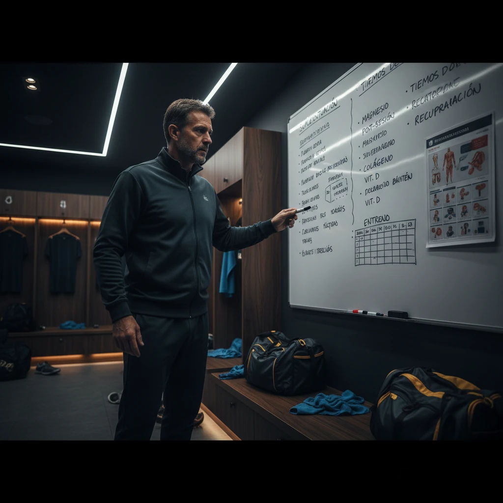 Futbolista veterano con chándal analizando un plan de suplementación y recuperación muscular en la pizarra de un vestuario profesional