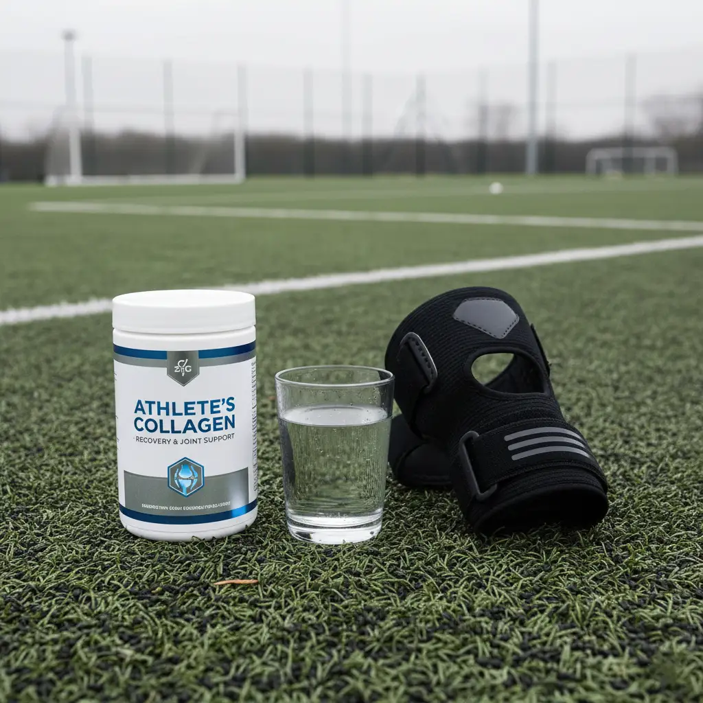 Bote de suplemento de colágeno técnico junto a un vaso de agua y una rodillera estabilizadora sobre el césped artificial de un campo de fútbol bajo una luz de día nublado