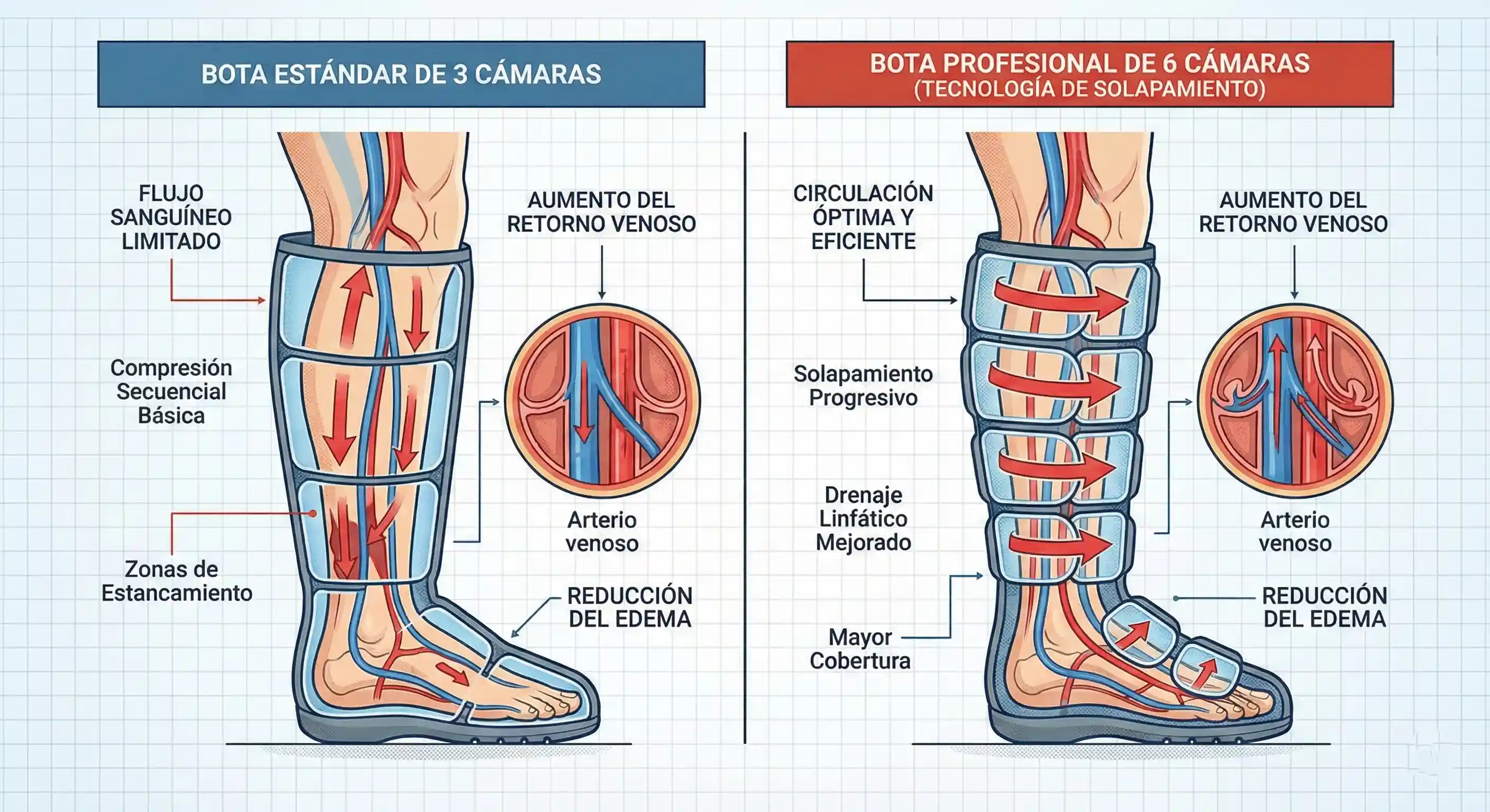 Infografía técnica comparativa del flujo sanguíneo en una pierna utilizando una bota de 3 cámaras frente a una de 6 cámaras con tecnología de solapamiento profesional para evitar el reflujo venoso