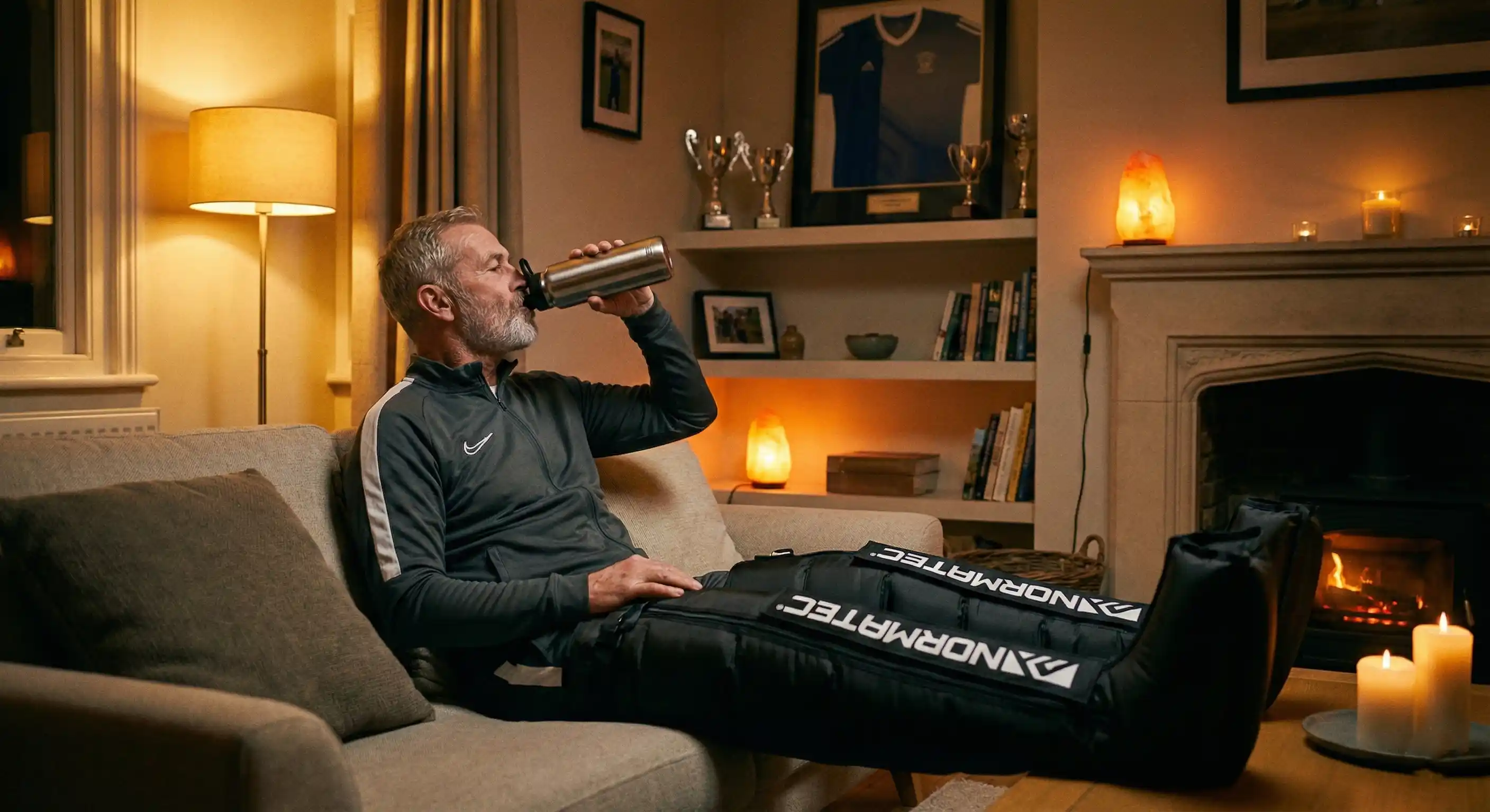 Futbolista senior hidratándose con un bidón de agua mientras utiliza botas de presoterapia profesionales en un salón doméstico iluminado de forma tenue y relajante