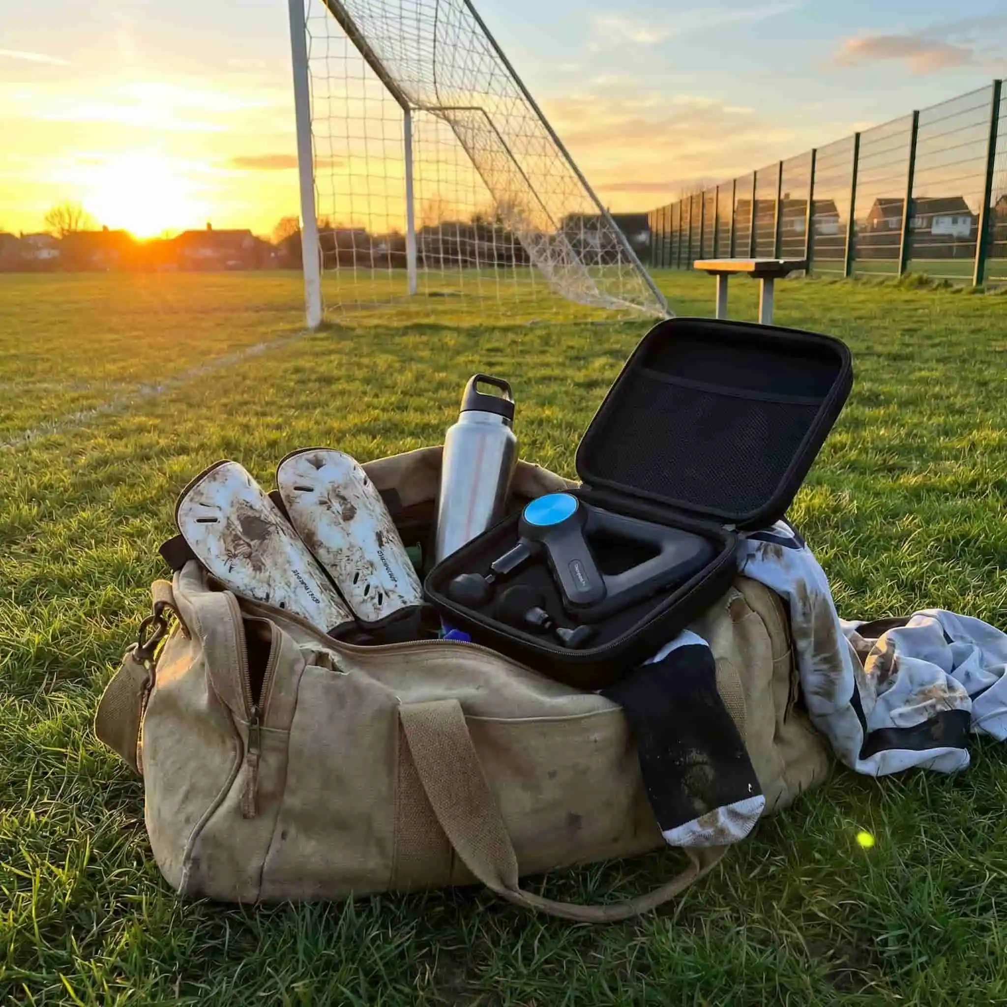 Una bolsa de deporte abierta en el césped. Se asoman unas espinilleras, un bidón de agua y un estuche rígido con la pistola de masaje. Atardecer en un campo de fútbol municipal.