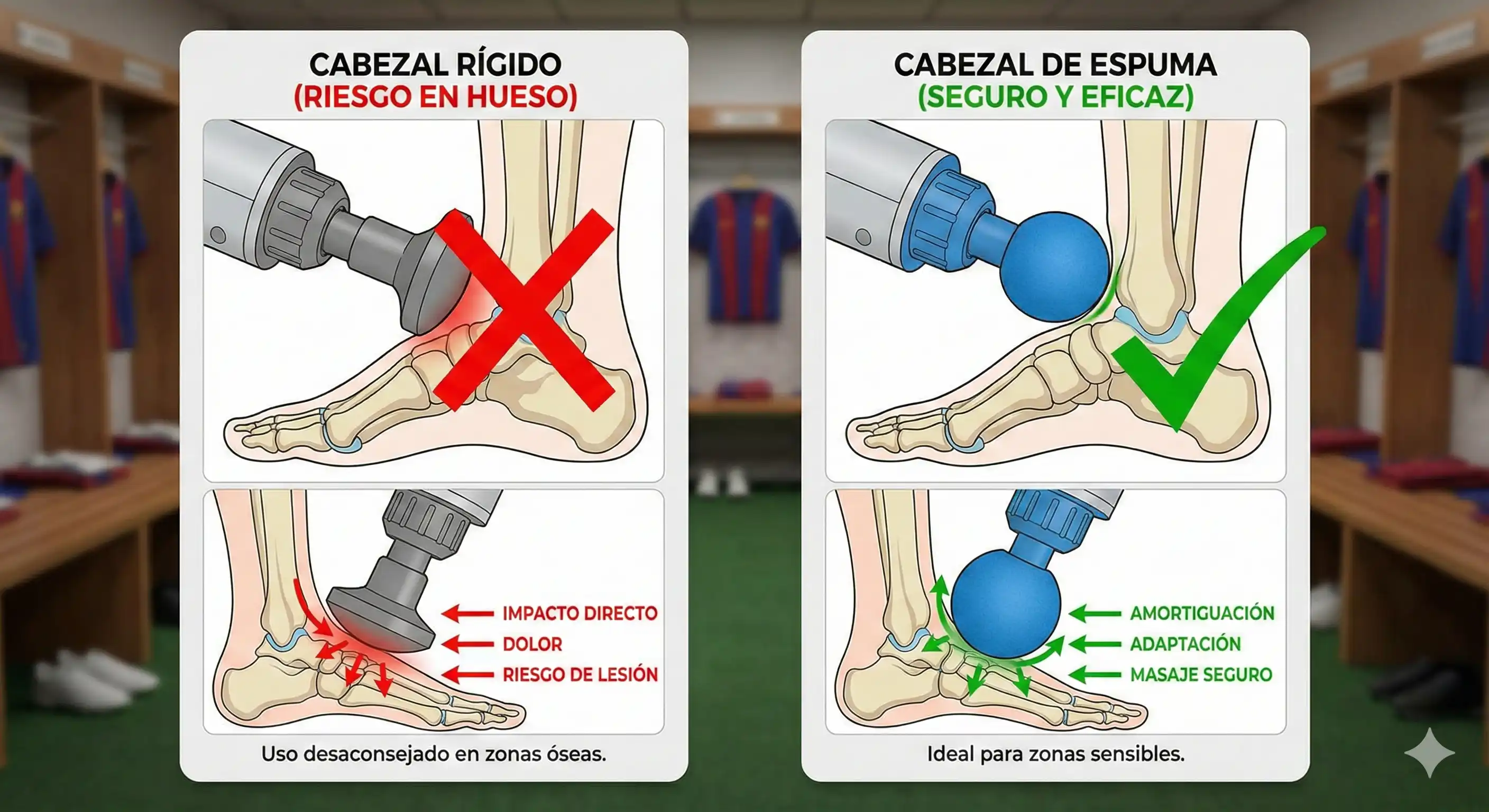 Infografía técnica comparando dos tipos de cabezales: uno rígido (marcado con cruz roja sobre el tobillo) y uno de espuma (marcado con check verde). Fondo de vestuario de fútbol.