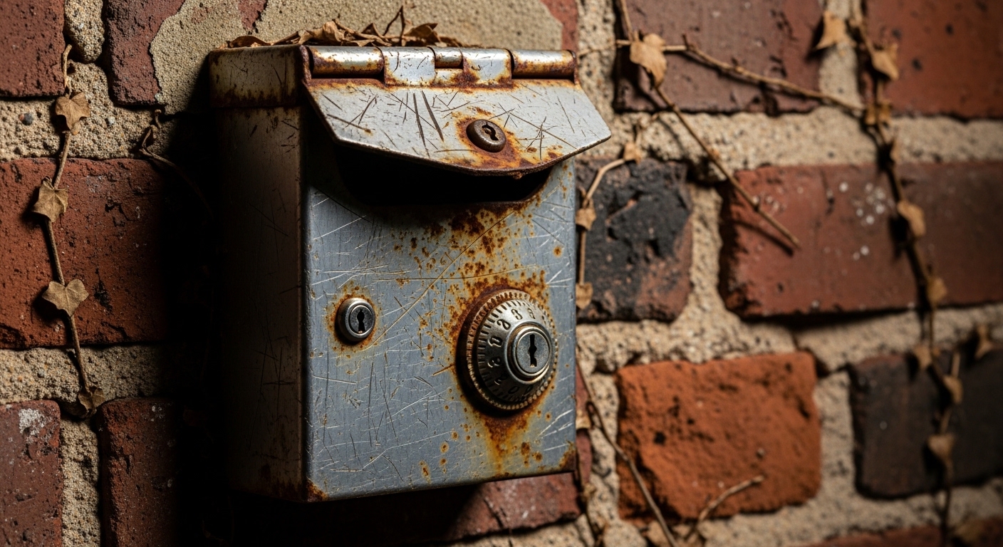 Caja de llaves de seguridad o lockbox exterior oxidada en pared de ladrillo antigua representando la obsolescencia de los sistemas tradicionales de Airbnb