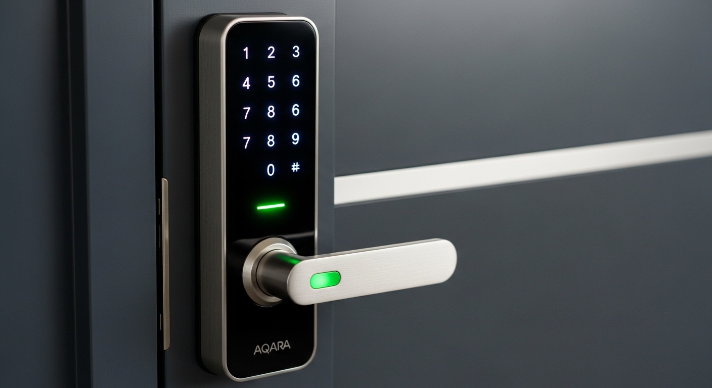 Cerradura inteligente Aqara U200 con teclado numérico LED instalada en puerta moderna para gestión automatizada de alquiler vacacional