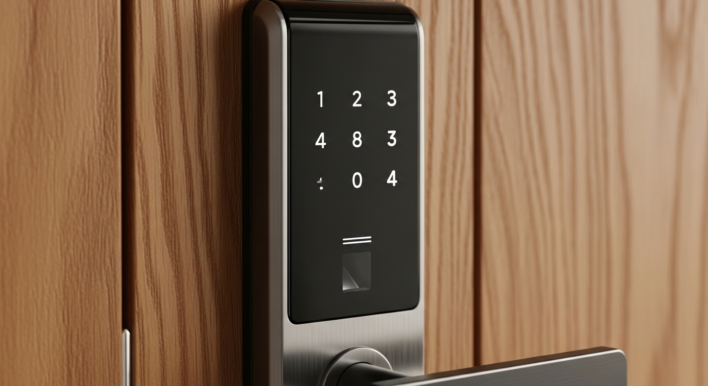 Cerradura inteligente con teclado numérico retroiluminado instalada en puerta de madera para alquiler vacacional.