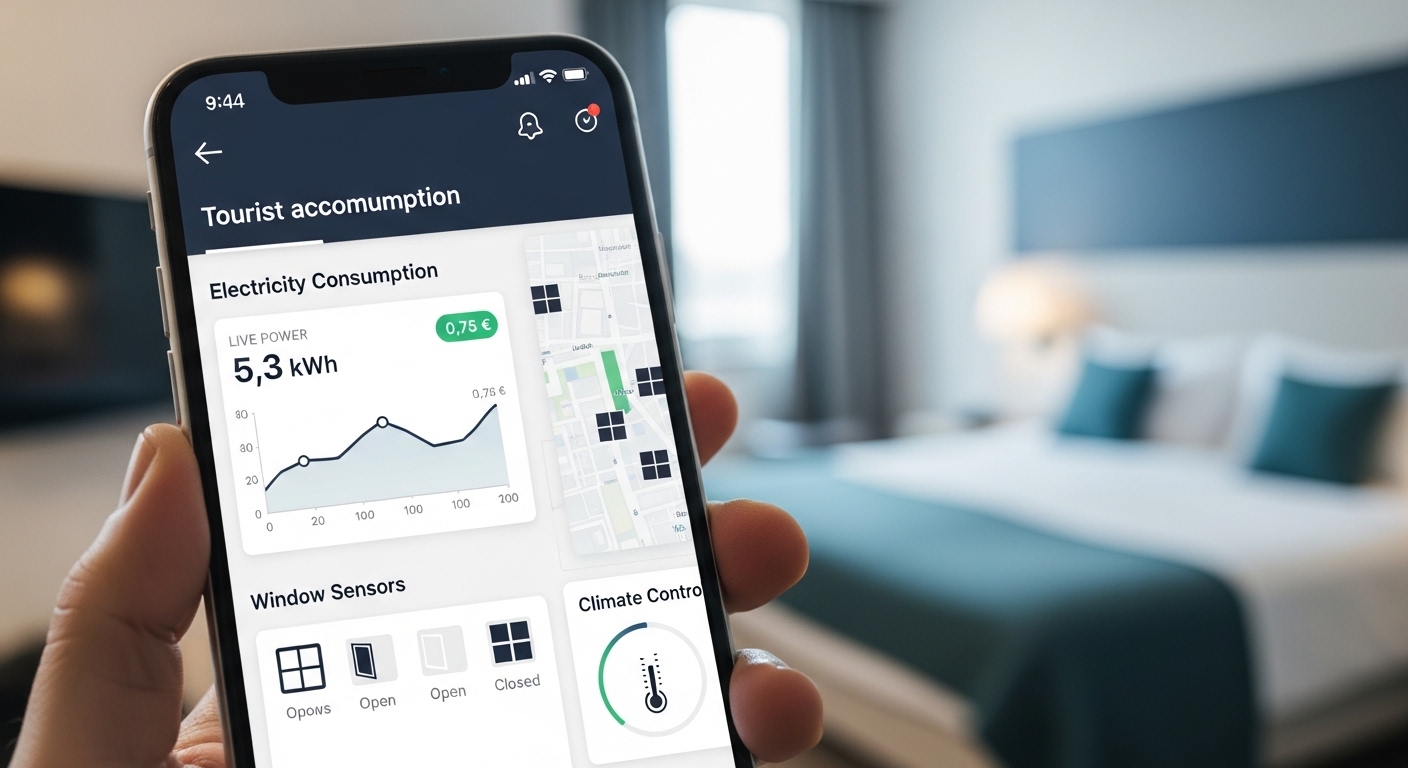Interfaz de aplicación móvil para control de consumo eléctrico y sensores de ventanas en viviendas turísticas con gráficas de ahorro energético.