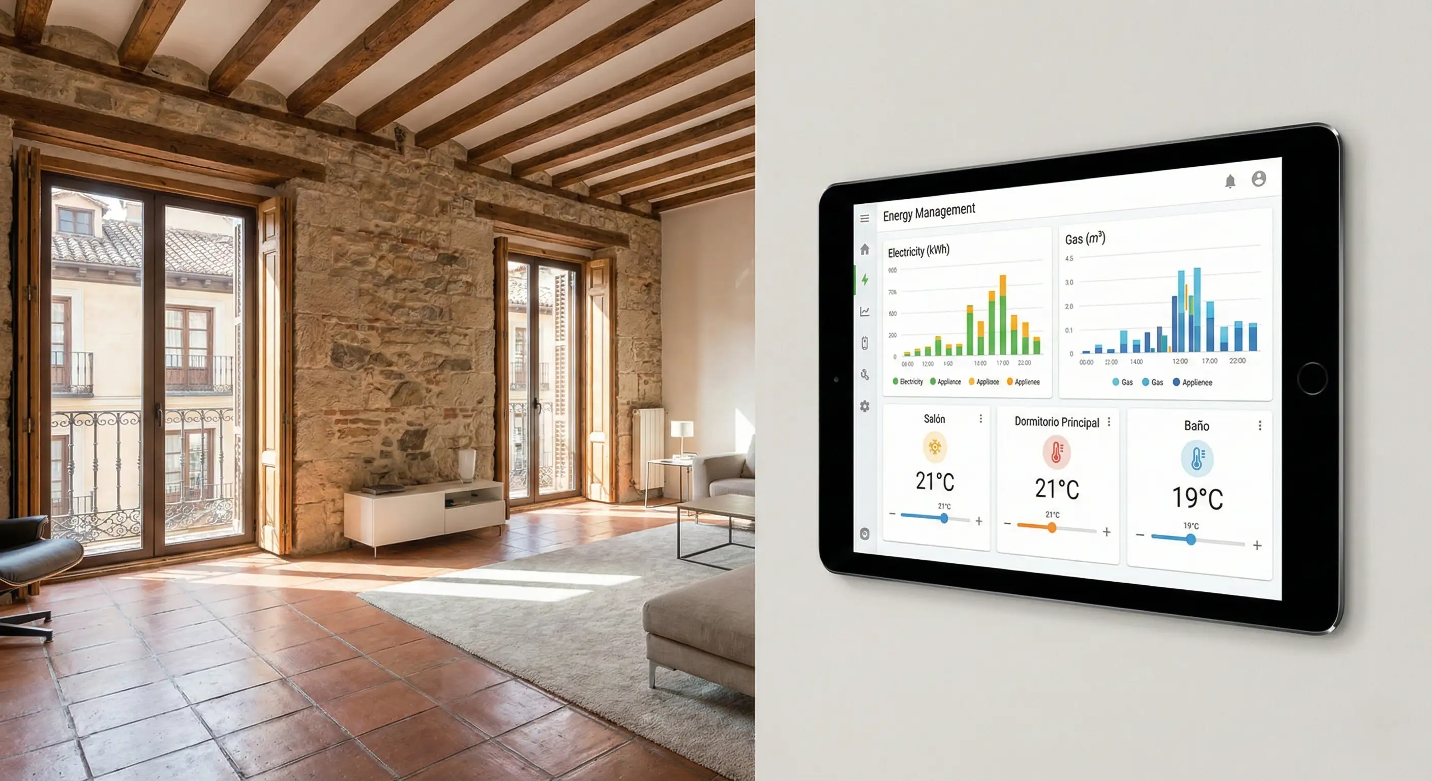 Panel de control domótico en tablet para la gestión de climatización y ahorro energético en una vivienda vacacional española