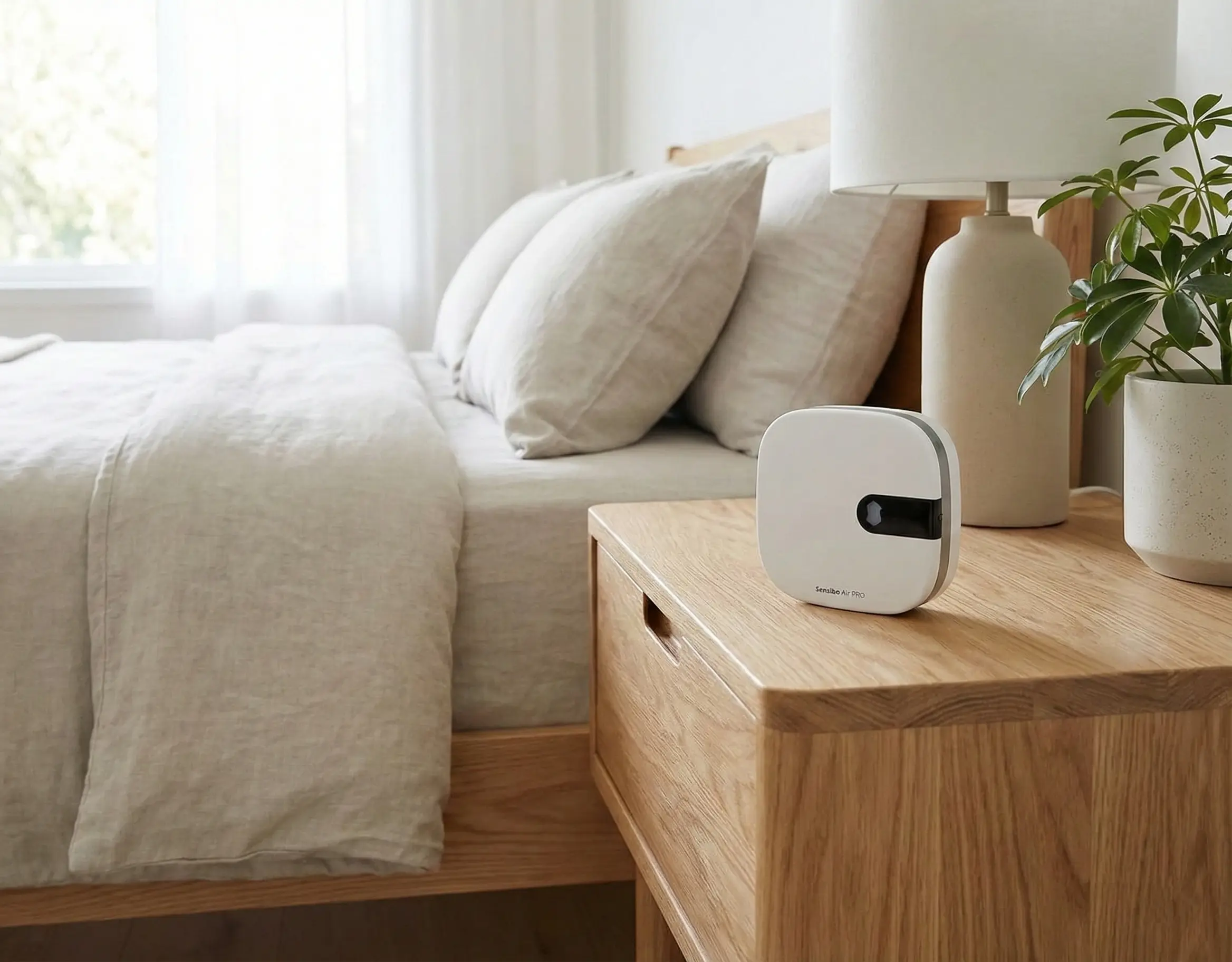 Dispositivo Sensibo Air Pro con sensor de CO2 y calidad de aire ubicado sobre una mesa de madera nórdica en un dormitorio elegante