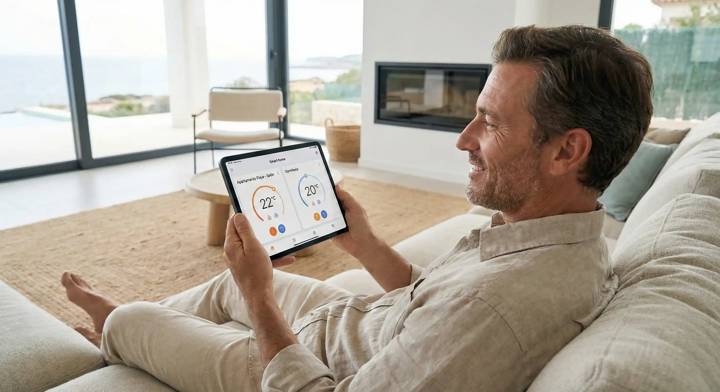 Anfitrión de alquiler vacacional gestionando la climatización desde su tablet de forma remota y relajada en un salón moderno