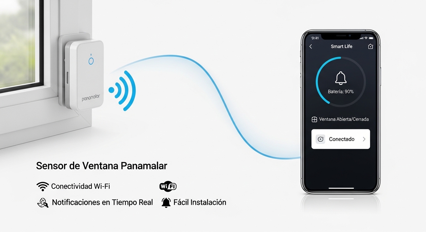 Infografía técnica de un sensor de ventana Panamalar conectado vía WiFi a un smartphone con la interfaz de Smart Life sobre fondo blanco