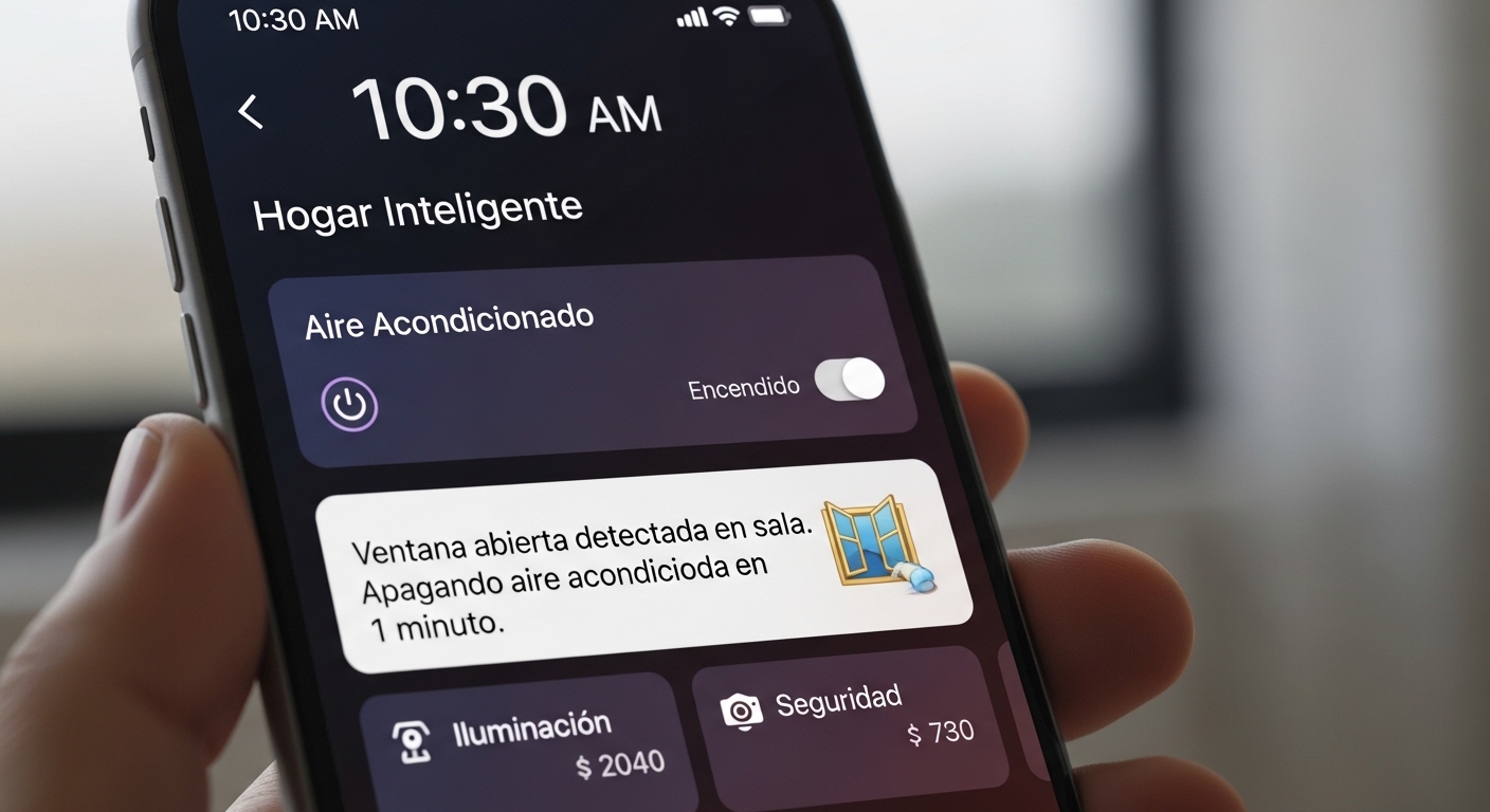 Interfaz móvil de una automatización inteligente de 2026 configurada para apagar el aire acondicionado tras detectar una ventana abierta durante 2 minutos