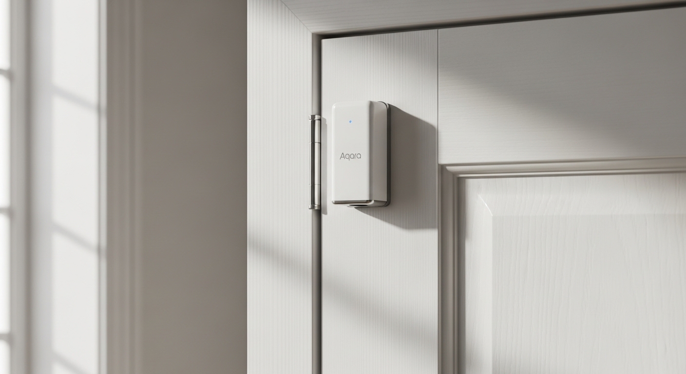 Sensor de puerta inteligente Aqara de diseño minimalista instalado en una puerta blanca de madera con iluminación natural suave