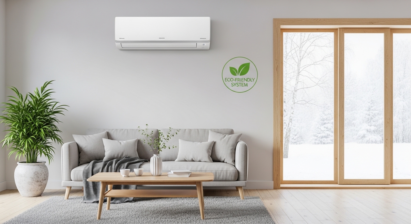 Unidad de aire acondicionado split moderno en un salón de diseño nórdico con una pegatina discreta de sistema eco-friendly