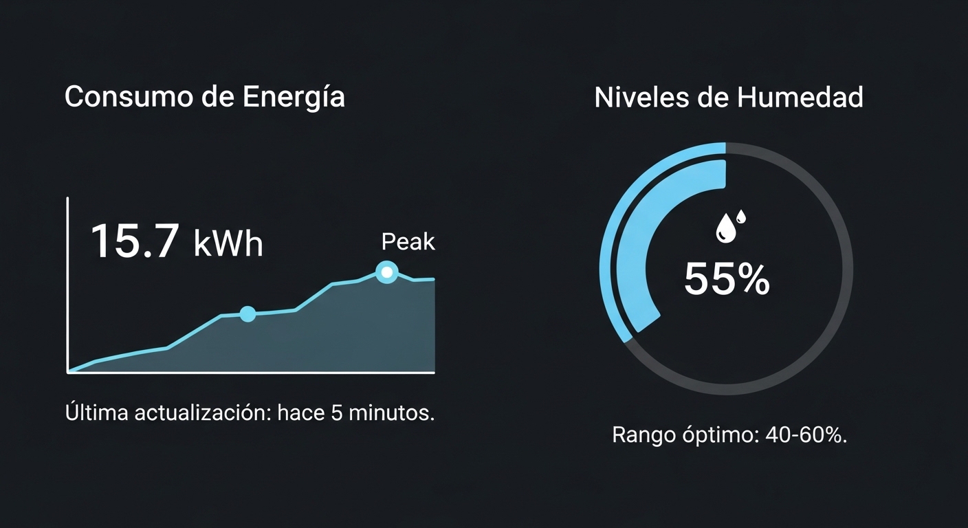 Diagrama minimalista y elegante de una aplicación móvil controlando el consumo de energía y los niveles de humedad en tonos azules y verdes