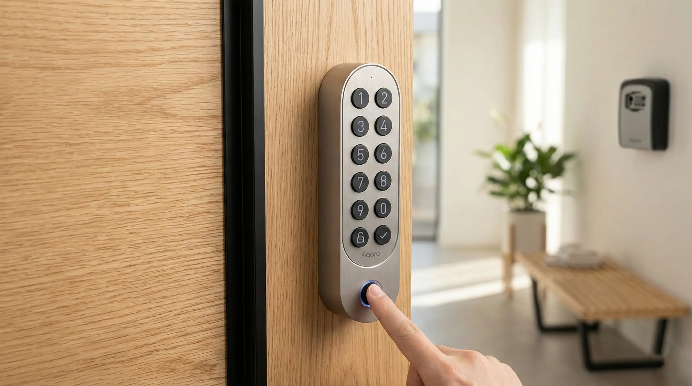 Teclado numérico inteligente Aqara U200 con lector de huella dactilar instalado en una puerta moderna de madera para facilitar el auto check-in en apartamentos turísticos